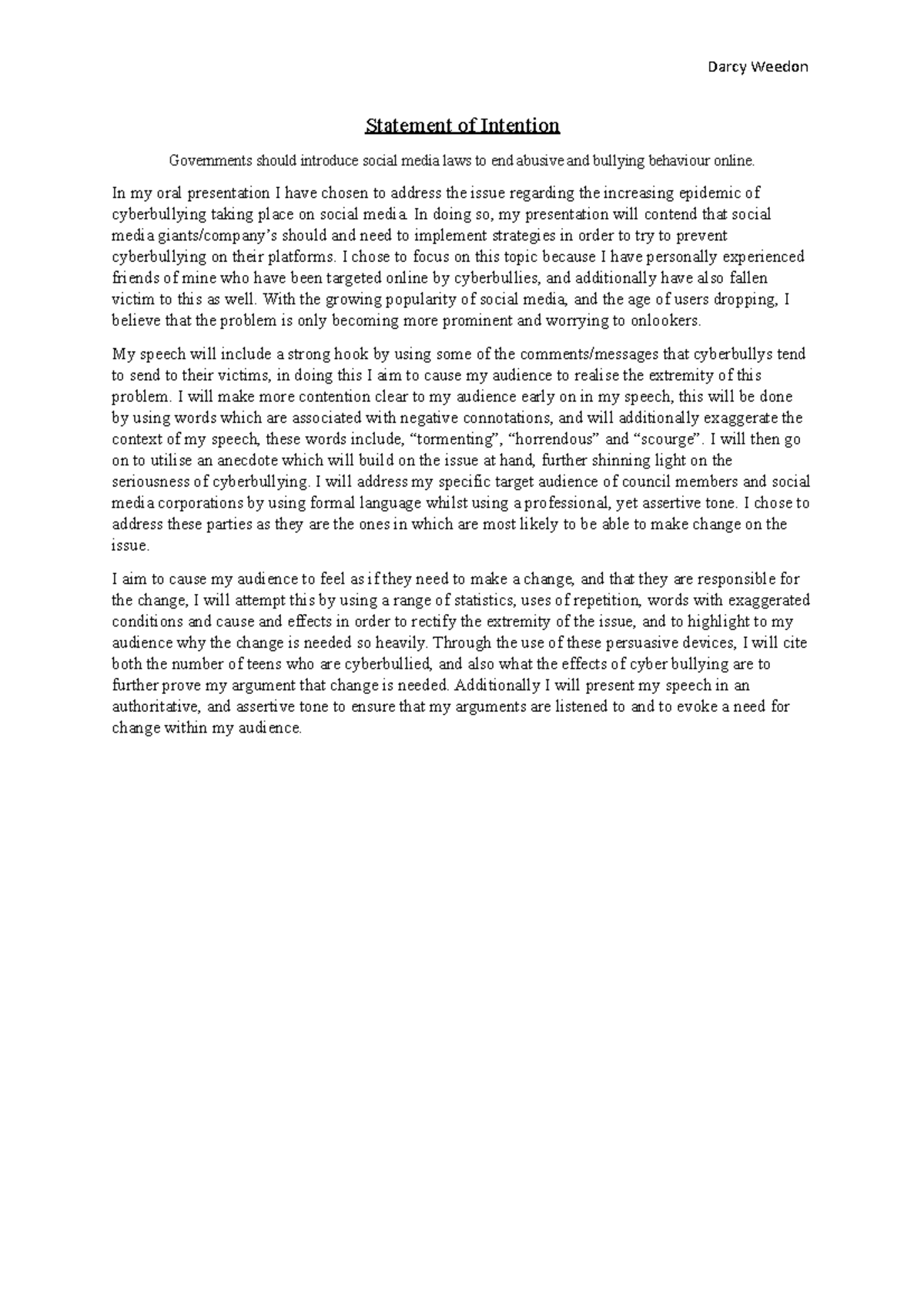 Statement of intention - Darcy Weedon Statement of Intention ...