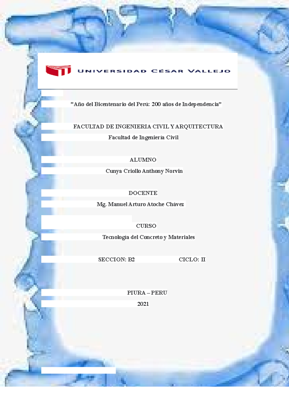 Tecnologia DEL Concreto Y Materiales - Examen Final - "Año Del ...