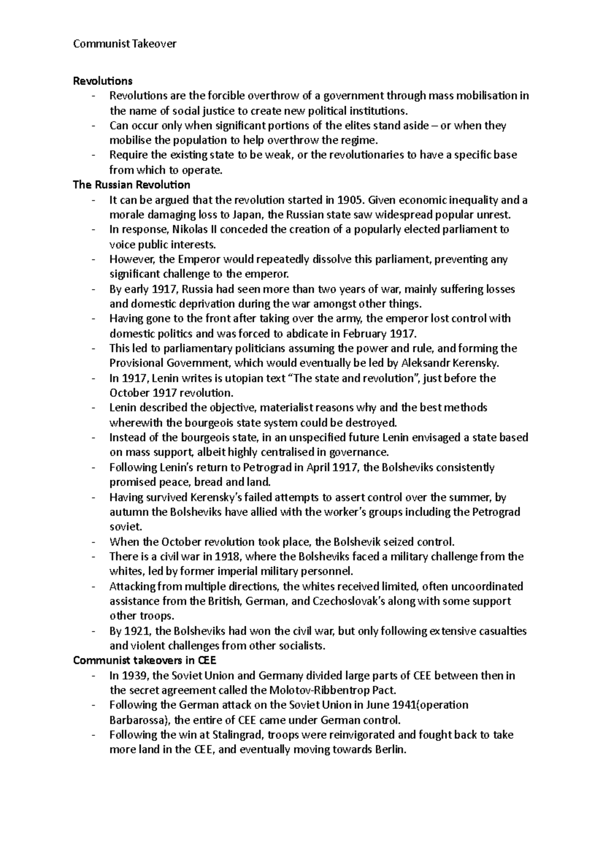Lecture 2 - l2 notes - Communist Takeover Revolutions - Revolutions are ...