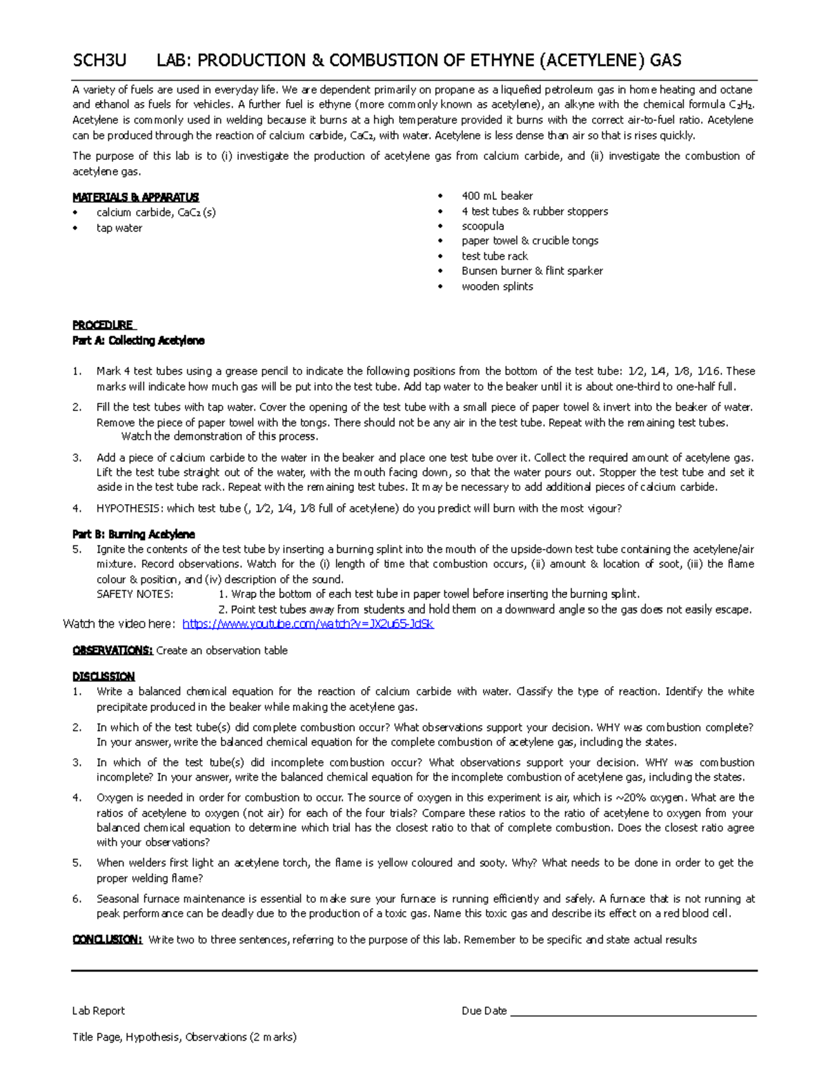 8 Combustion of Acetylene Lab SCH3U LAB PRODUCTION & COMBUSTION OF