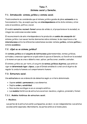 Tema 7 - Sistema social y Derecho - Tema 7. Sistema social y Derecho. 7.  Introducción: sistema - Studocu