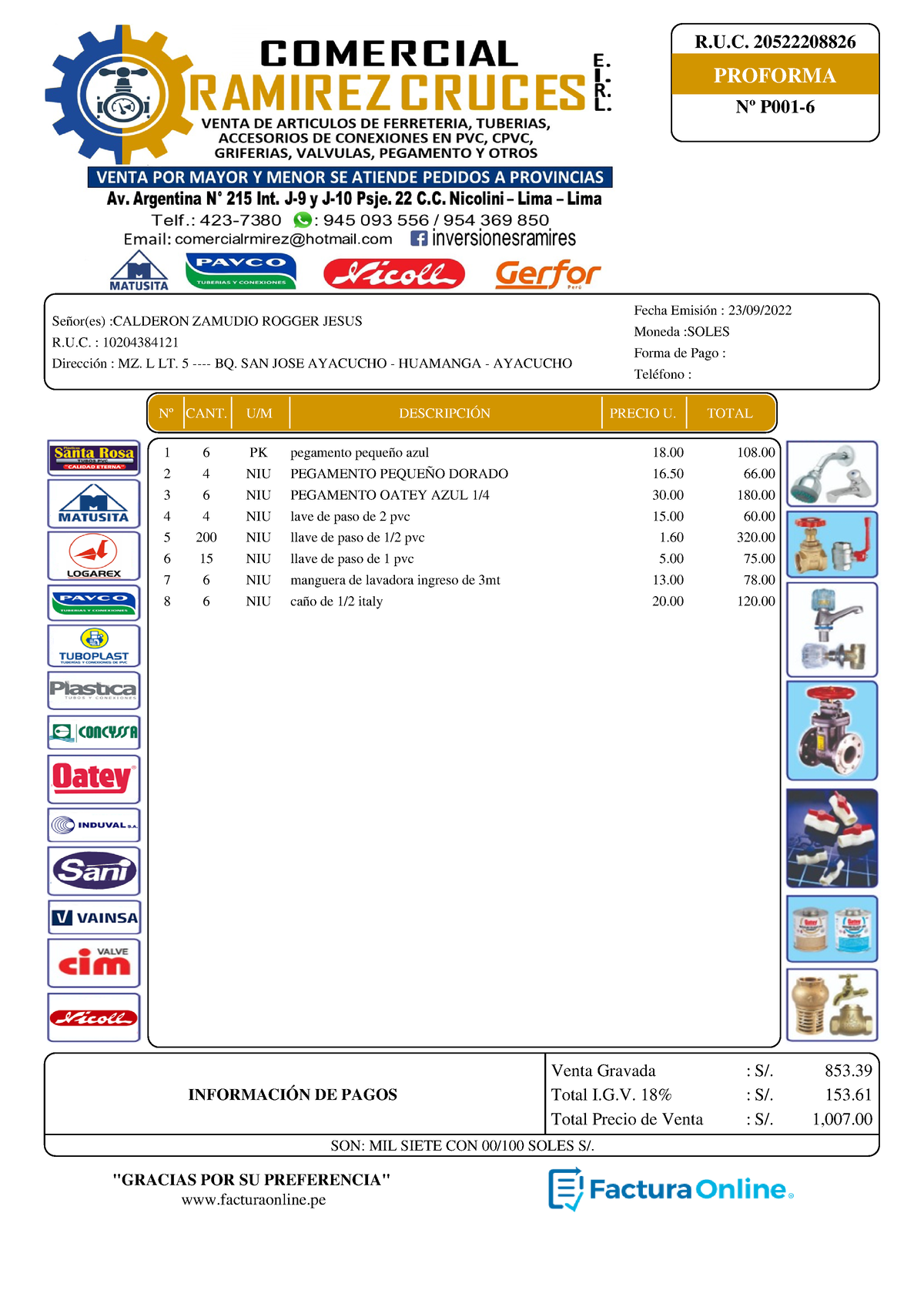 Proforma Electrónica Doris 1 - R.U. 20522208826 PROFORMA Nº P001- Señor ...