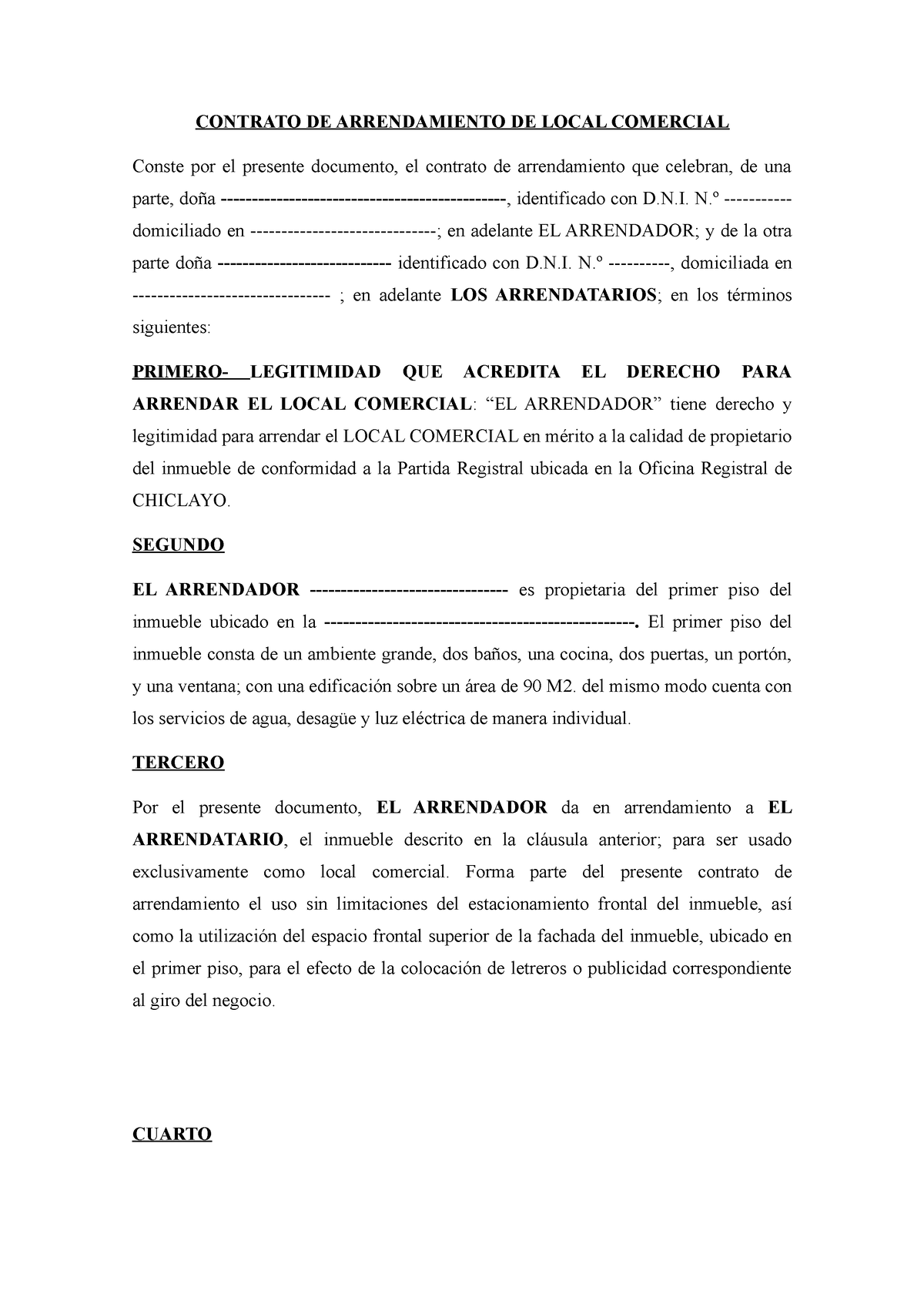 Modelo de contrato - CONTRATO DE ARRENDAMIENTO DE LOCAL COMERCIAL Conste  por el presente documento, - Studocu