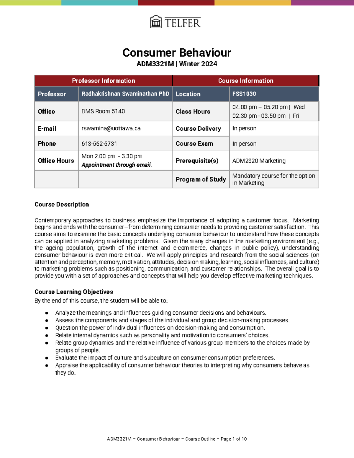 Winter 2024 ADM3321 M Course Outline 02 - Consumer Behaviour ADM3321M ...