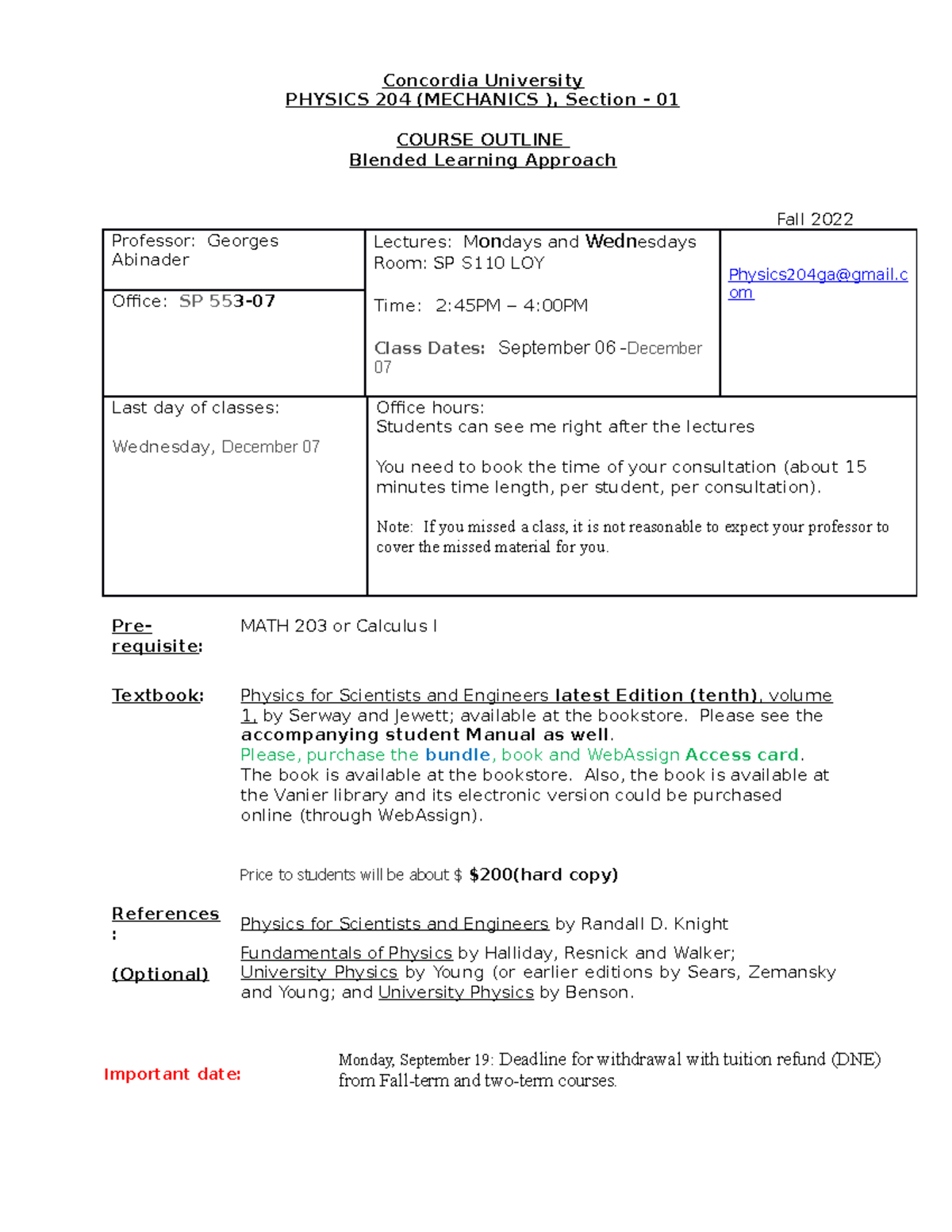 1 - PHYS 204 - Course Outline - Fall 2022-section- 01 4 - Concordia ...