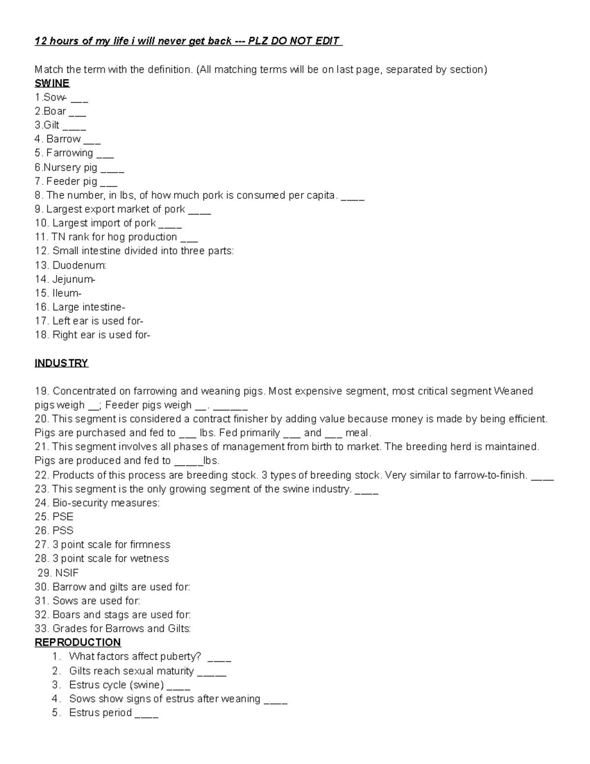 ANSC 160 Final Exam Study guide - 12 hours of my life i will never get ...