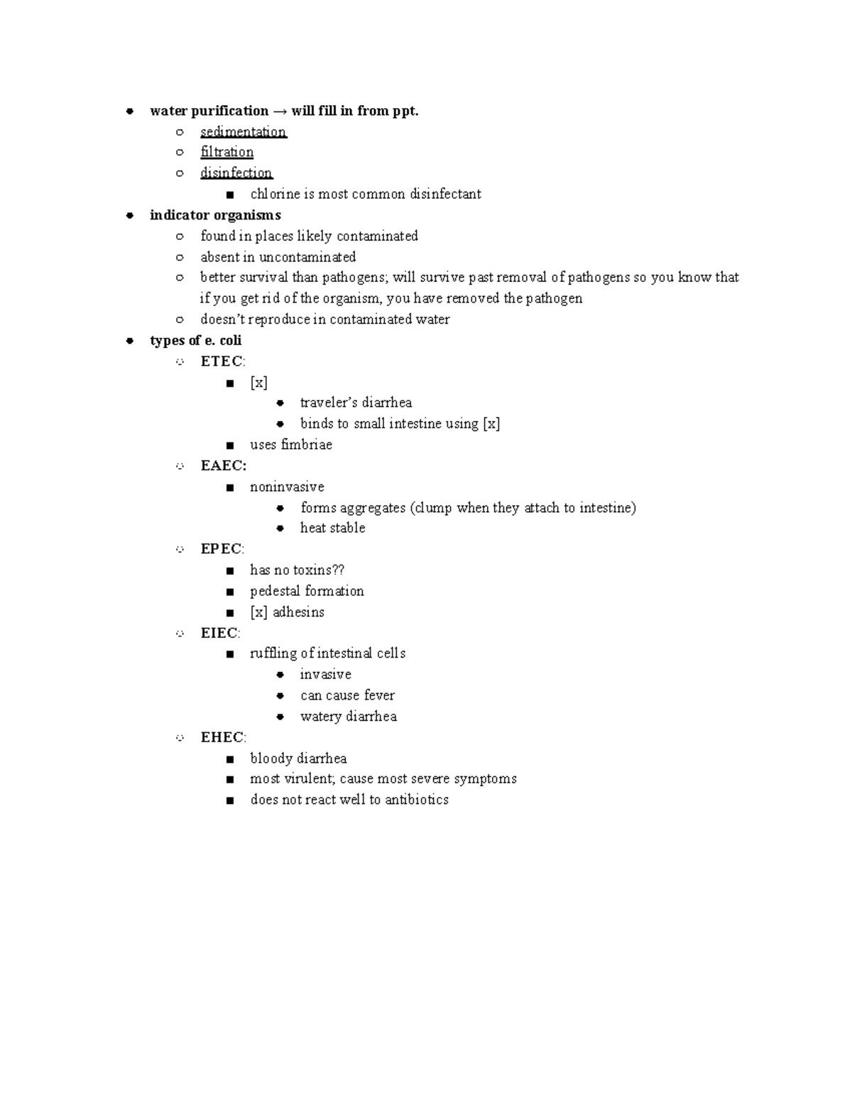 Final Exam Notes water purification → will fill in from ppt