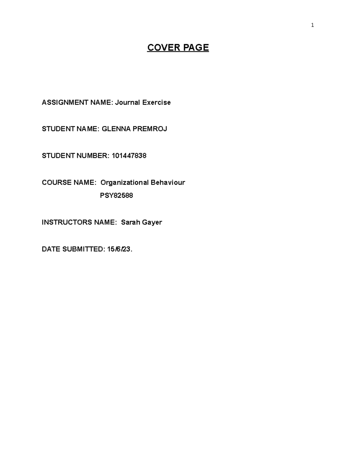 Org - this is notes to refer - 1 COVER PAGE ASSIGNMENT NAME: Journal ...
