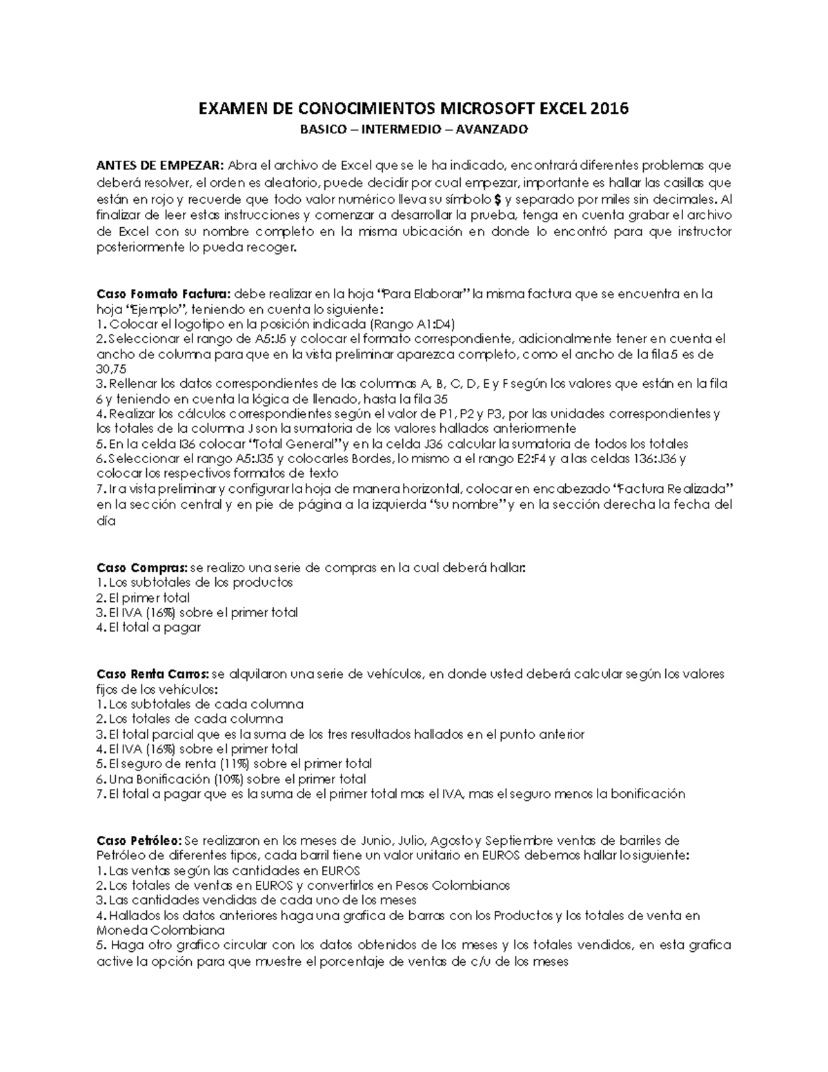 Examen DE Conocimientos Microsoft Excel 2016 Uniminuto EXAMEN DE