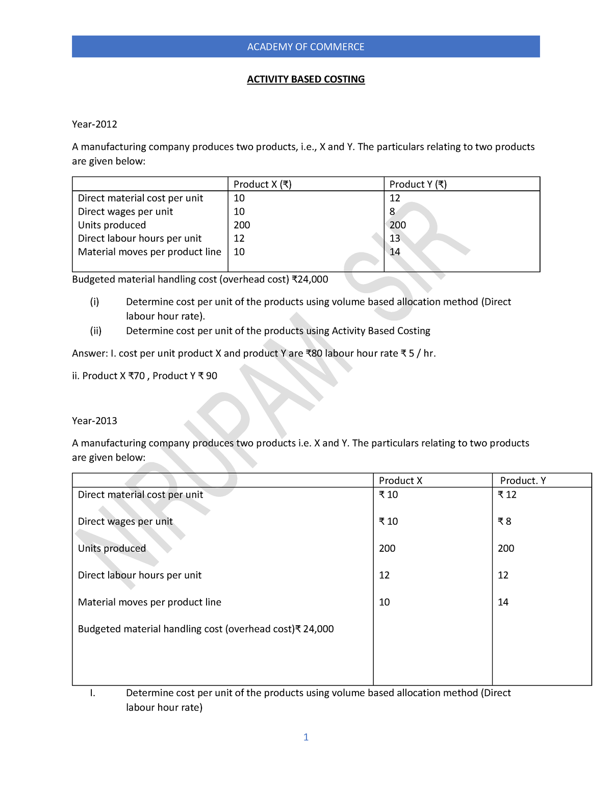 ABC Costing - ACTIVITY BASED COSTING Year- A Manufacturing Company ...