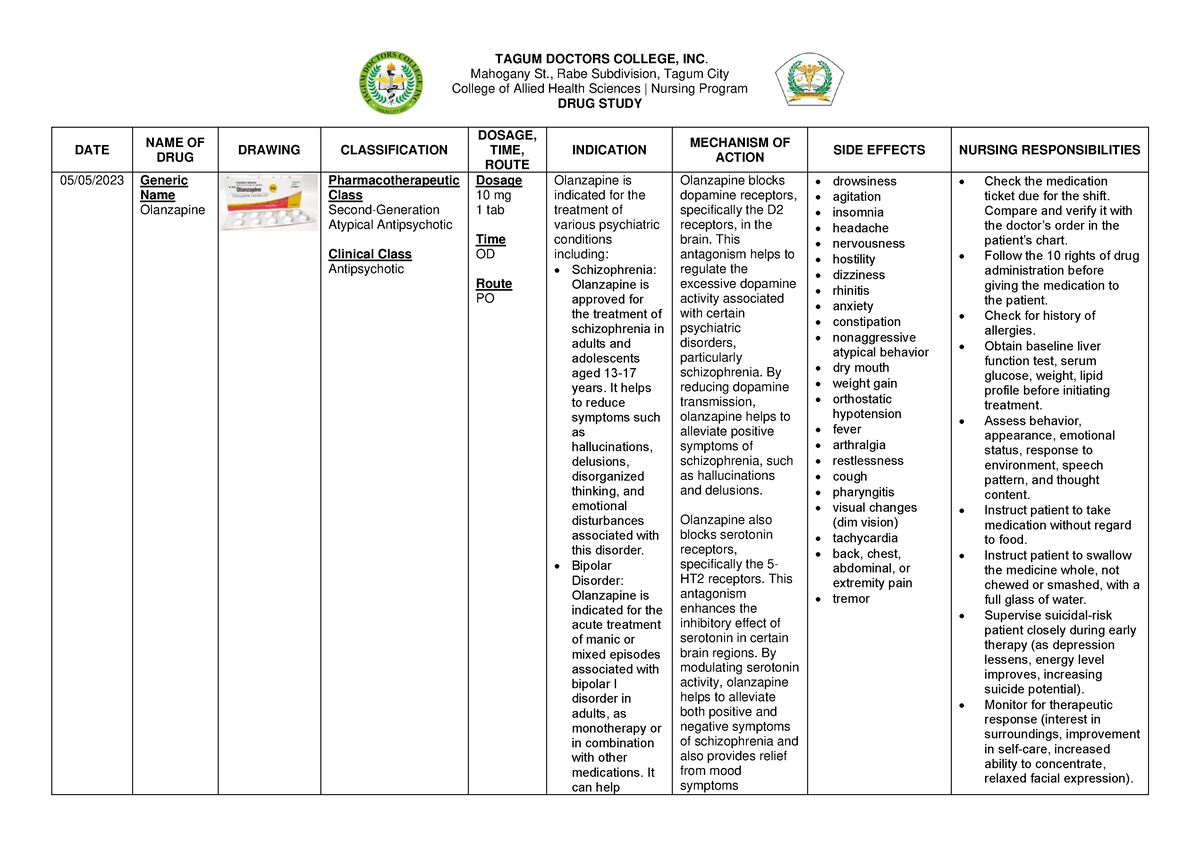 Drug Study - Olanzapine - TAGUM DOCTORS COLLEGE, INC. Mahogany St ...