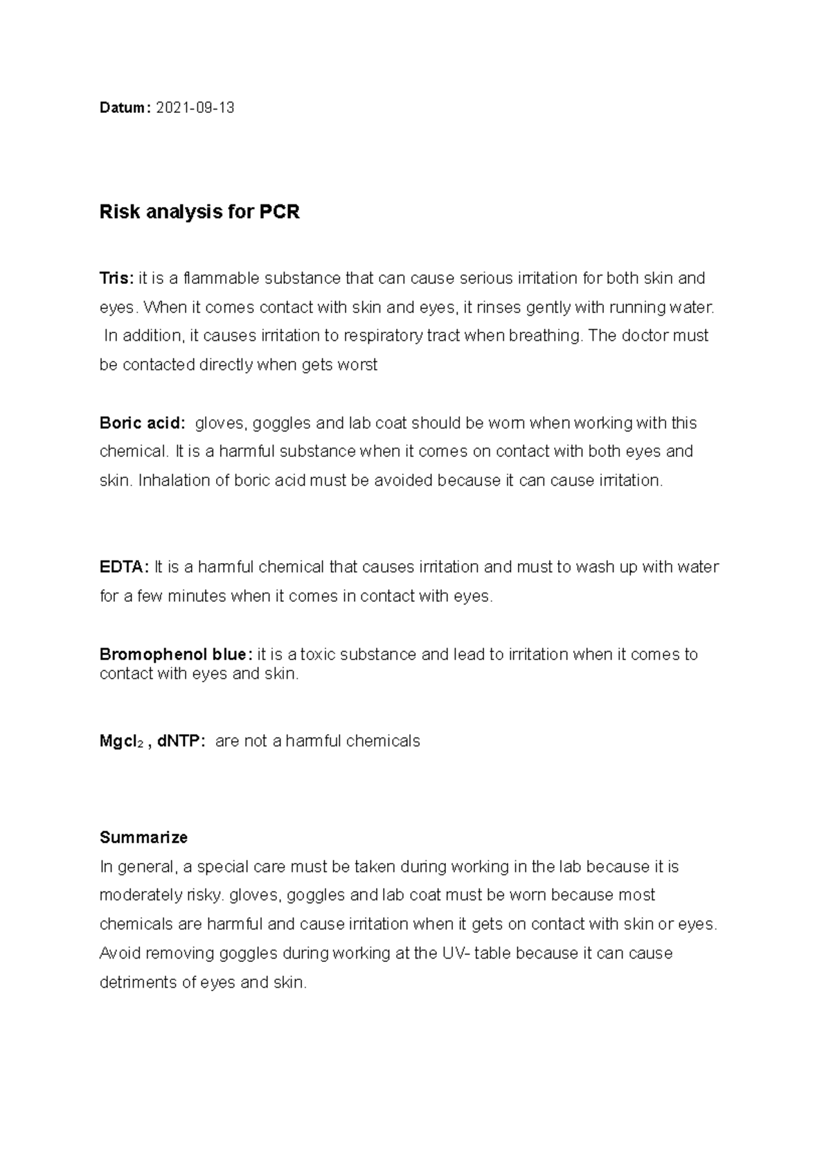 Risk analys - Datum: 2021-09- Risk analysis for PCR Tris: it is a ...