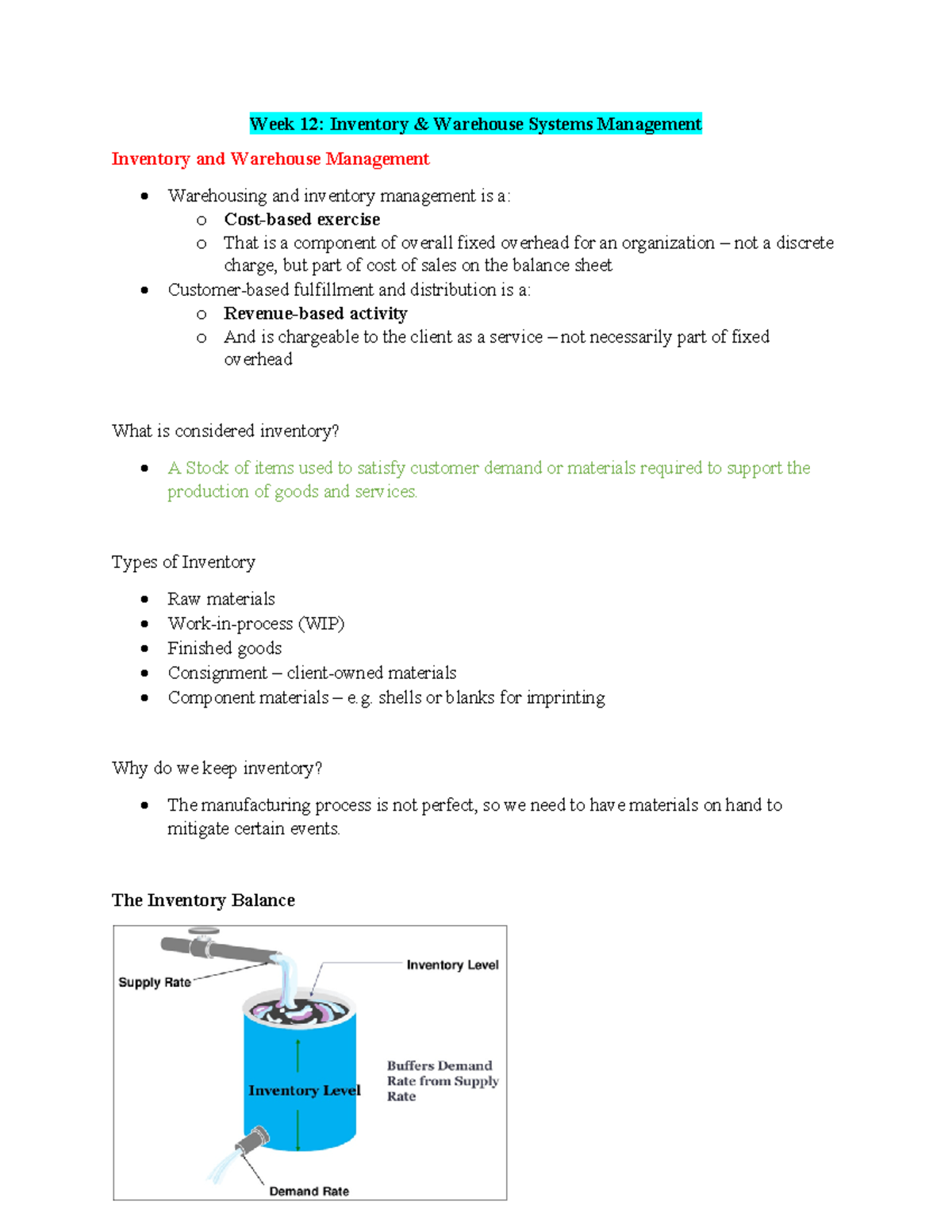 Week 12 notes - Week 12: Inventory & Warehouse Systems Management ...