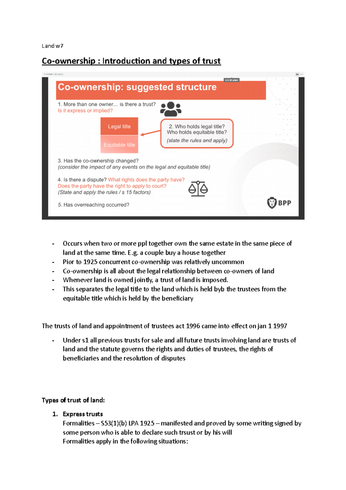 Land w7 - Lecture notes 7 - Land w Co-ownership : Introduction and ...