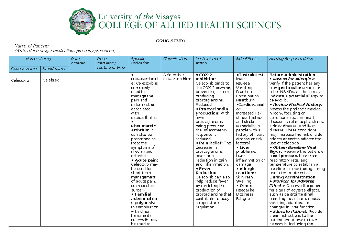 DRUG- Study Celecoxib - DRUG STUDY Name of Patient