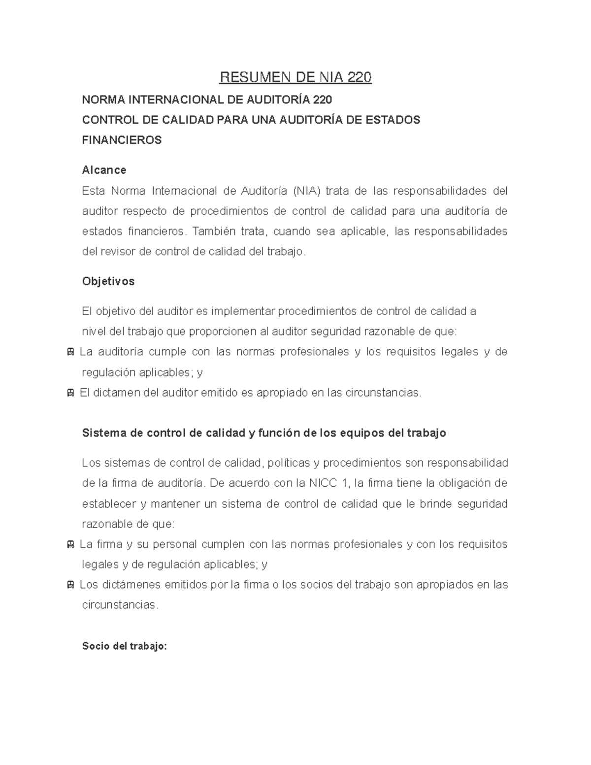 Resumen DE NIA 220 Norma Internacional D StuDocu