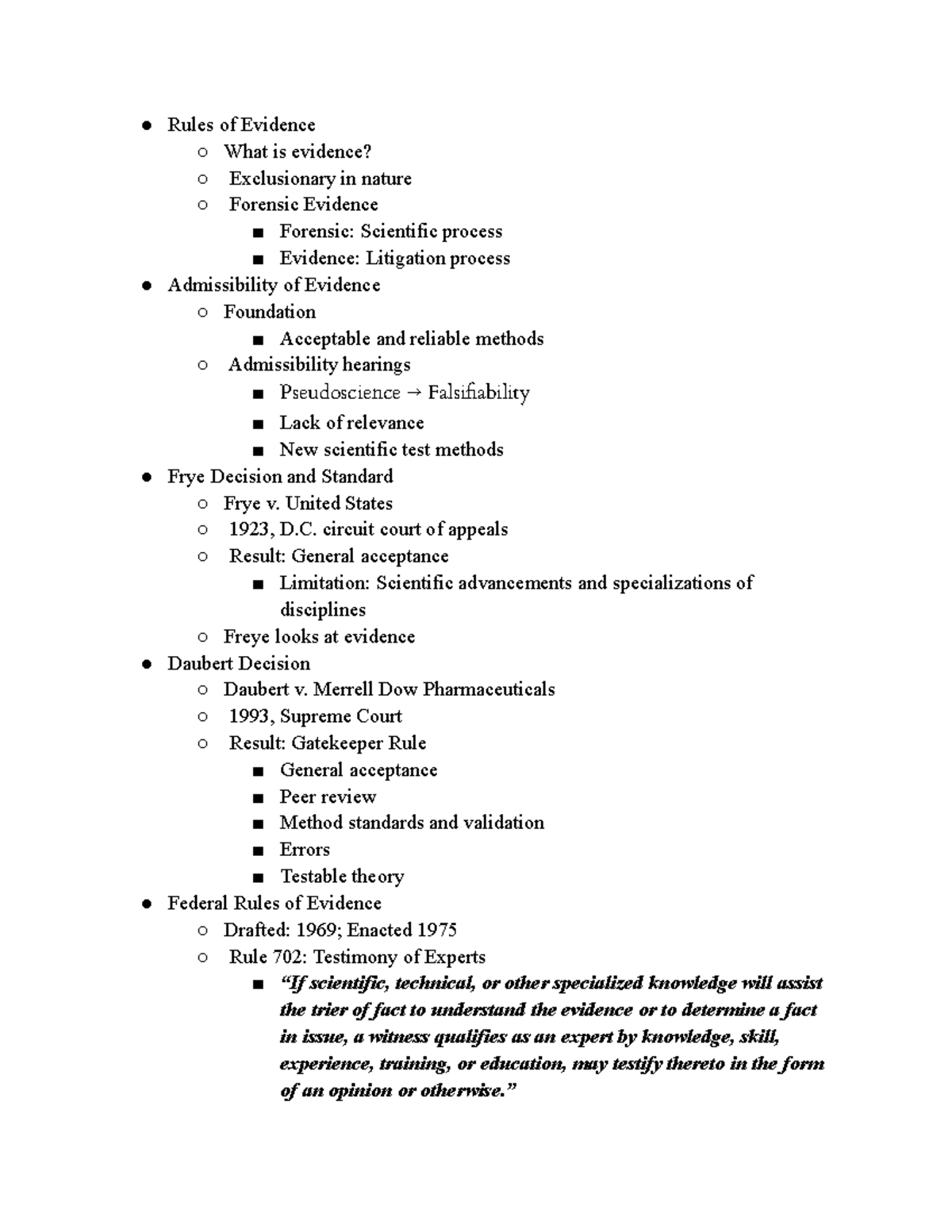 CJ 290 Intro to Forensic Science Section 2 Rules of Evidence What is