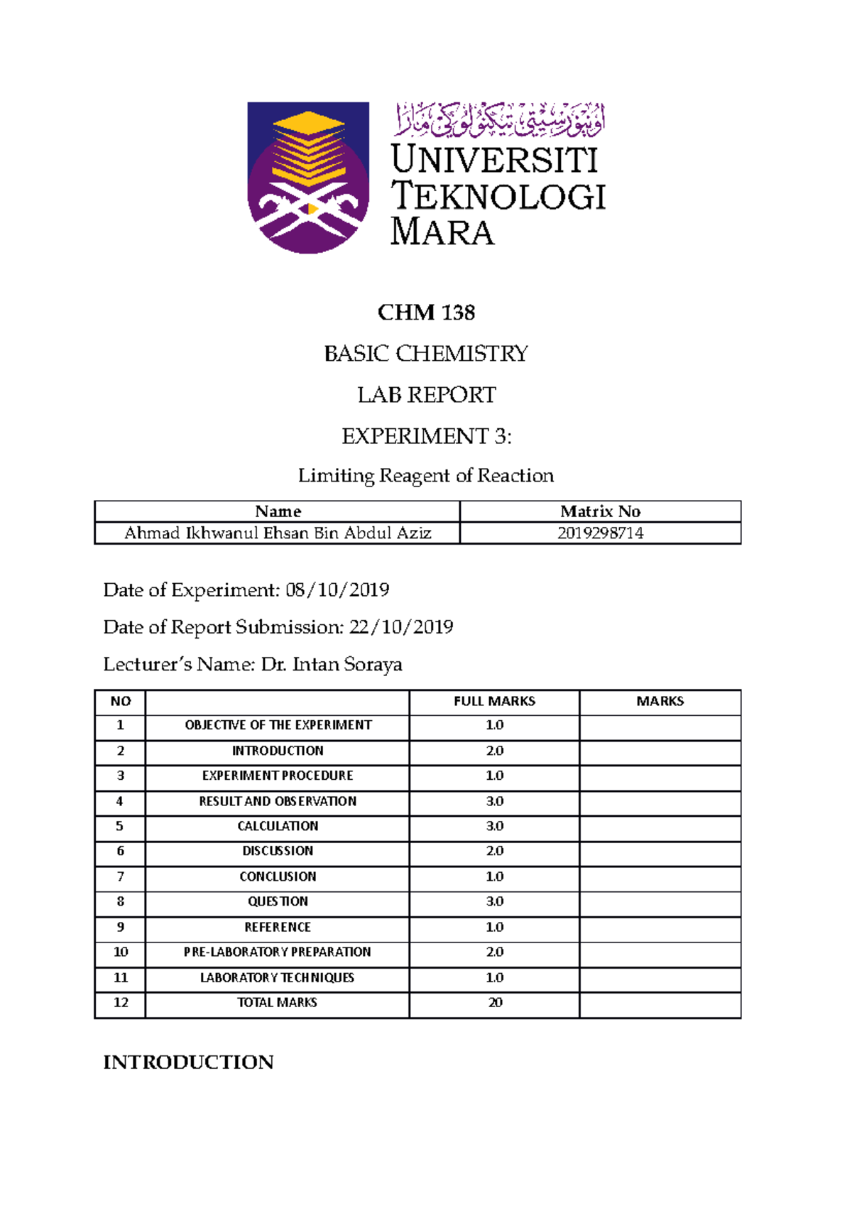 CHM 138 LAB Report 3 - CHM 138 BASIC CHEMISTRY LAB REPORT EXPERIMENT 3 ...