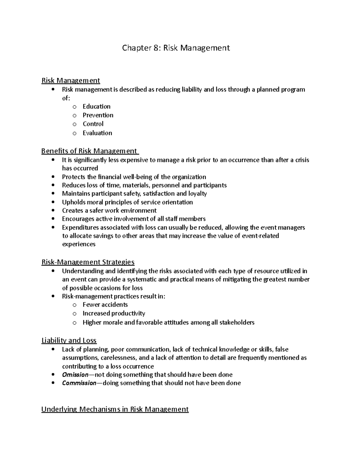 Chapter 8 - Risk Management - Chapter 8: Risk Management Risk ...