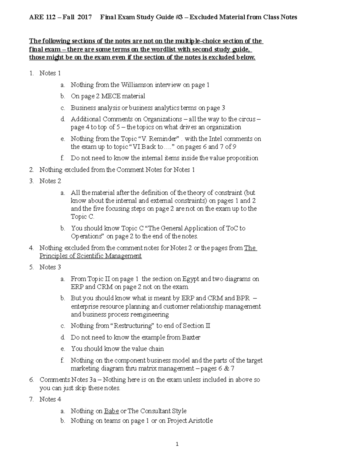 ARE112 f A17 Final Study Guide 03 Excluded Material ARE 112 Fall