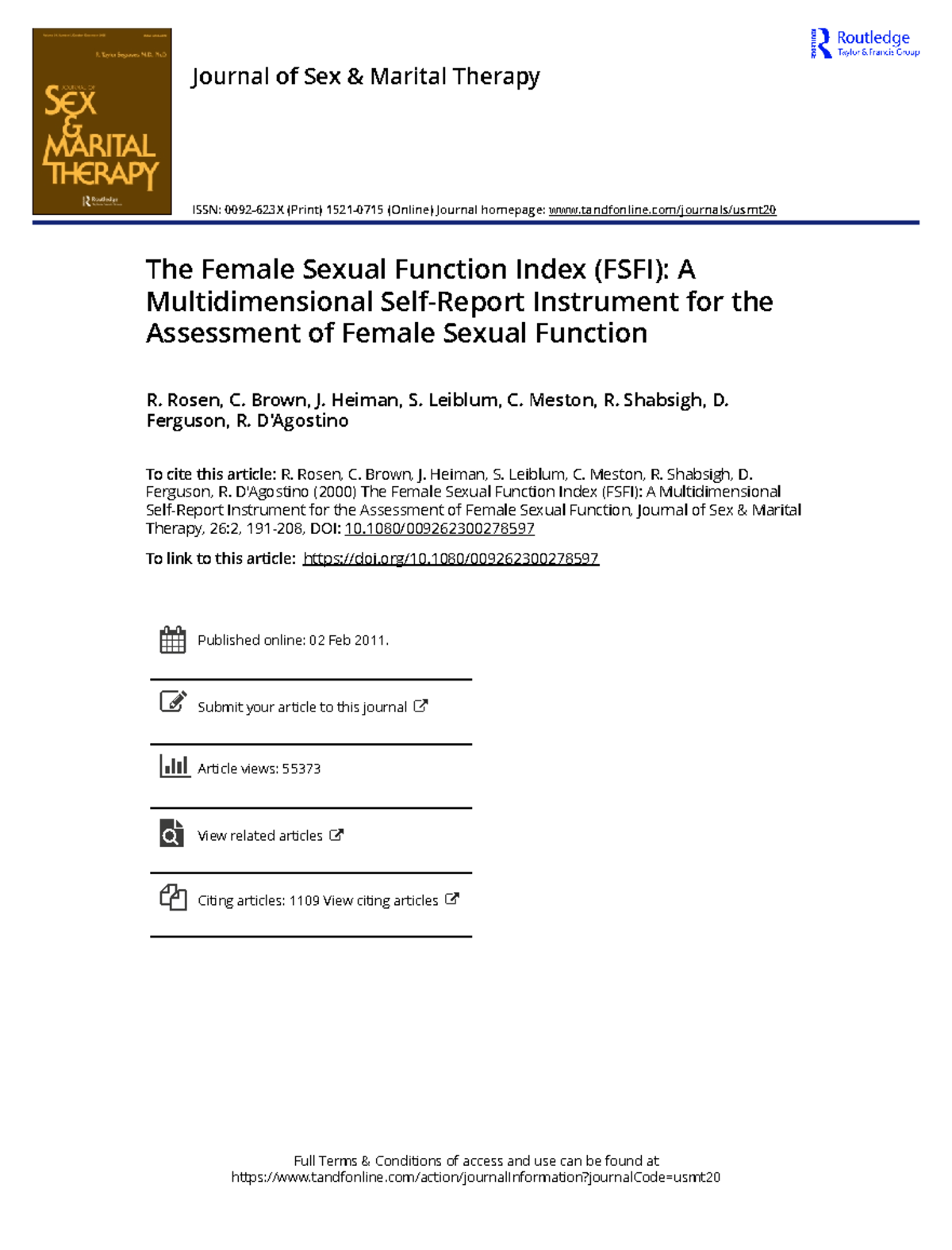 The Female Sexual Function Index FSFI A Multidimensional Self-Report ...