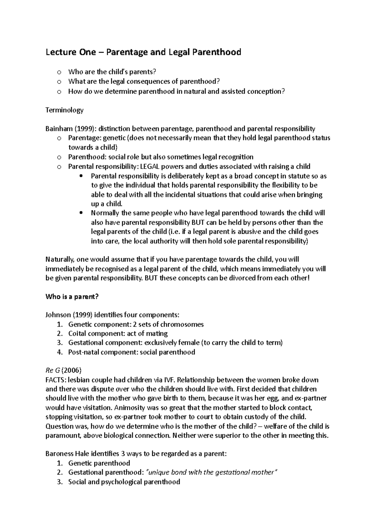 Lecture One – Parentage and Legal Parenthood - LAW3066 - Surrey - Studocu
