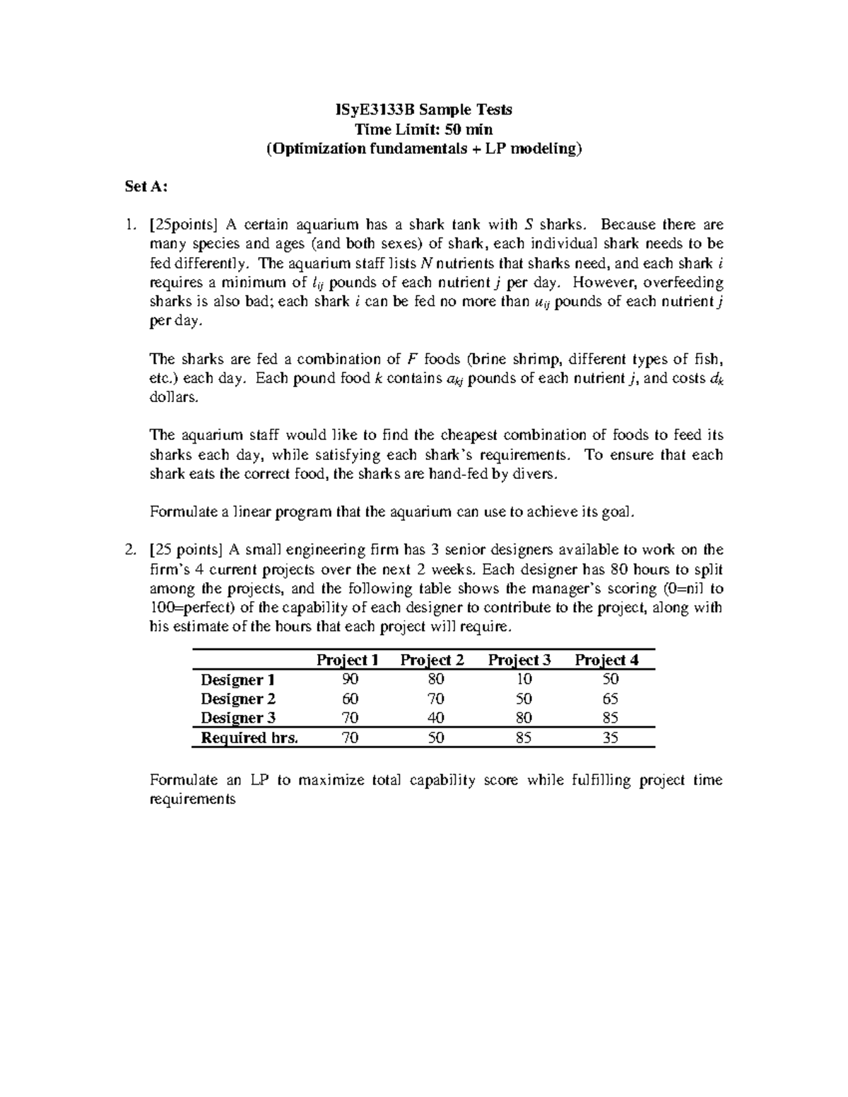 SP11 Sample Test 1 - Practice Tests - ISyE3133B Sample Tests Time Limit ...
