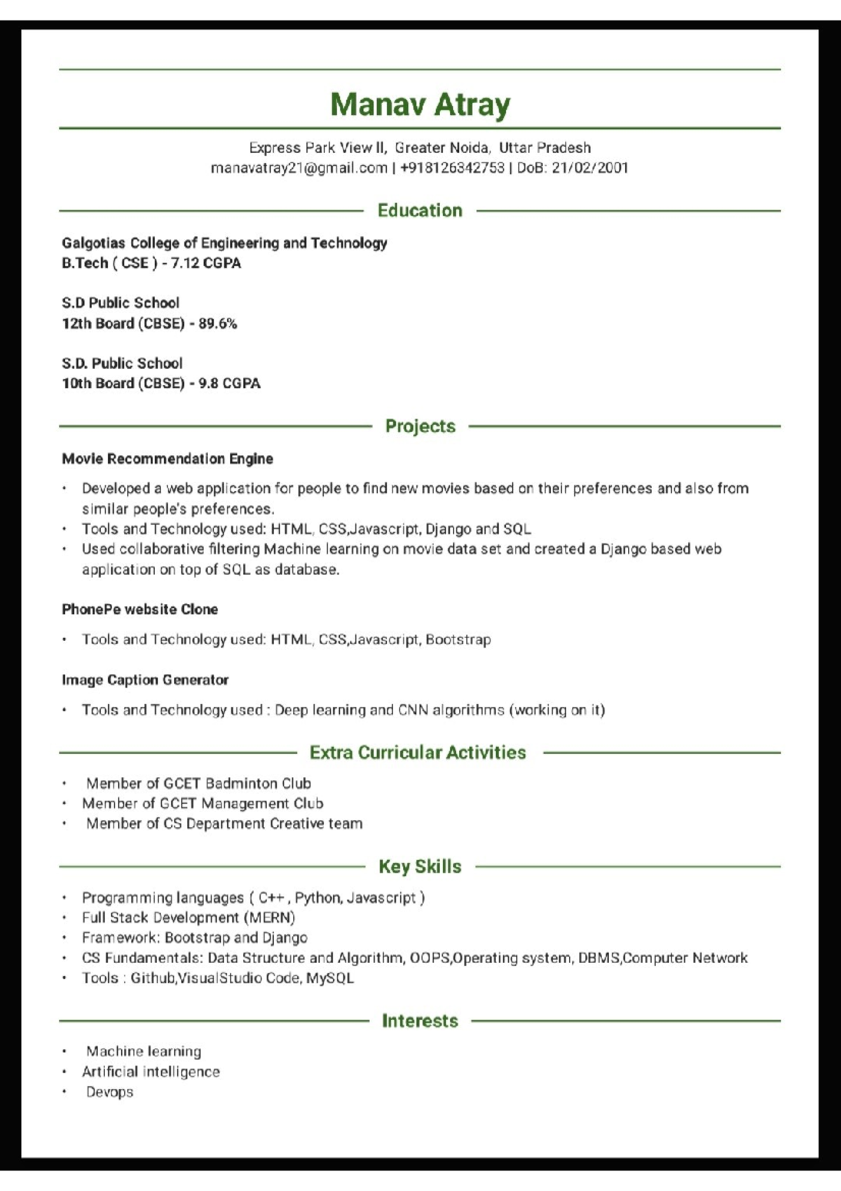Manav's Resume - Mathematics: Applications and Interpretation SL - Studocu