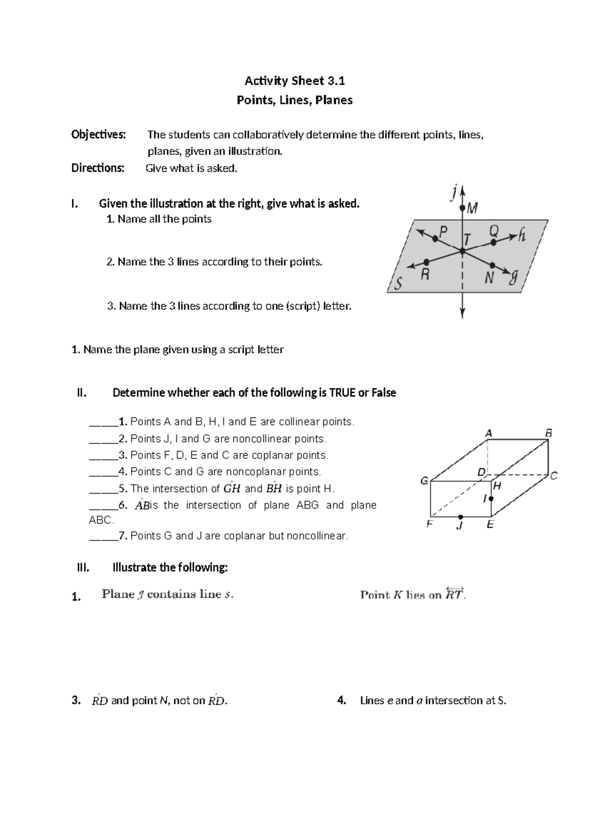 Math8 Q3 Worksheets 1 - Activity Sheet 3. Points, Lines, Planes ...