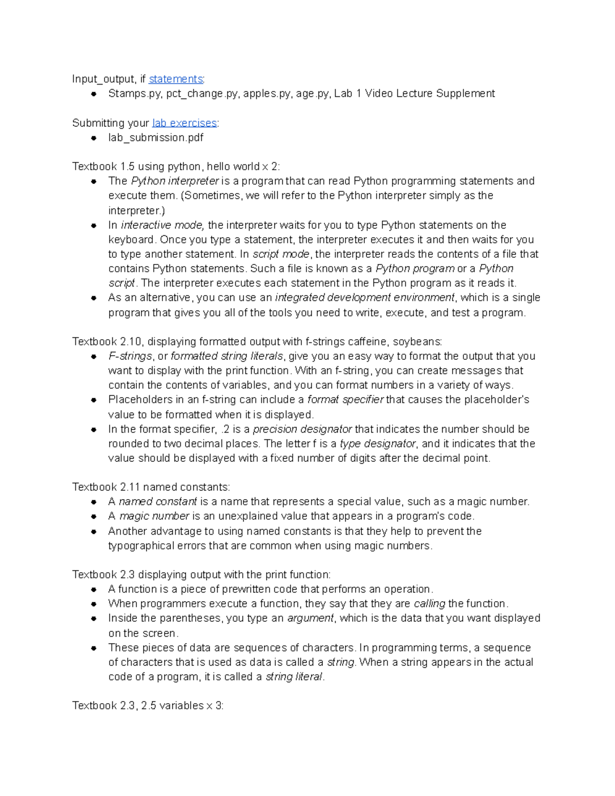 Python quiz 1 notes - Input_output, if statements: Stamps, pct_change ...