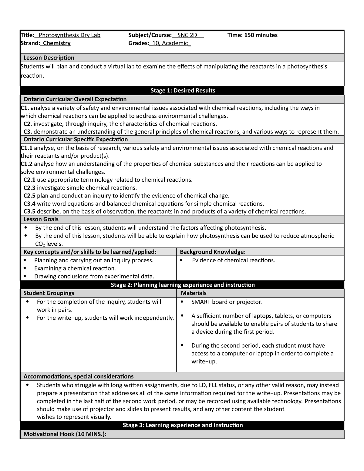 Snc2d - photosynthesis lab - Title: Photosynthesis Dry Lab Subject ...