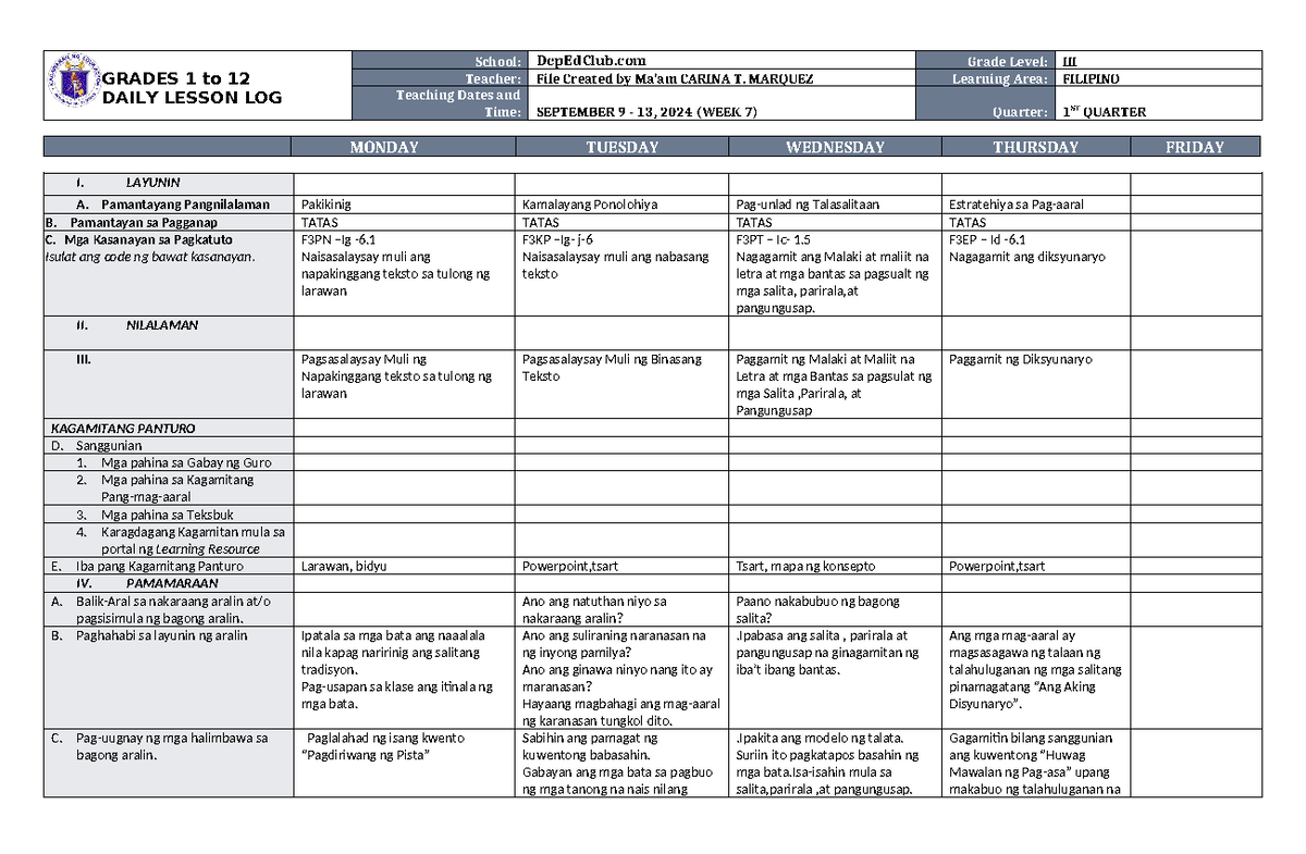 DLL Filipino 3 Q1 W7 - DLL - GRADES 1 to 12 DAILY LESSON LOG School ...