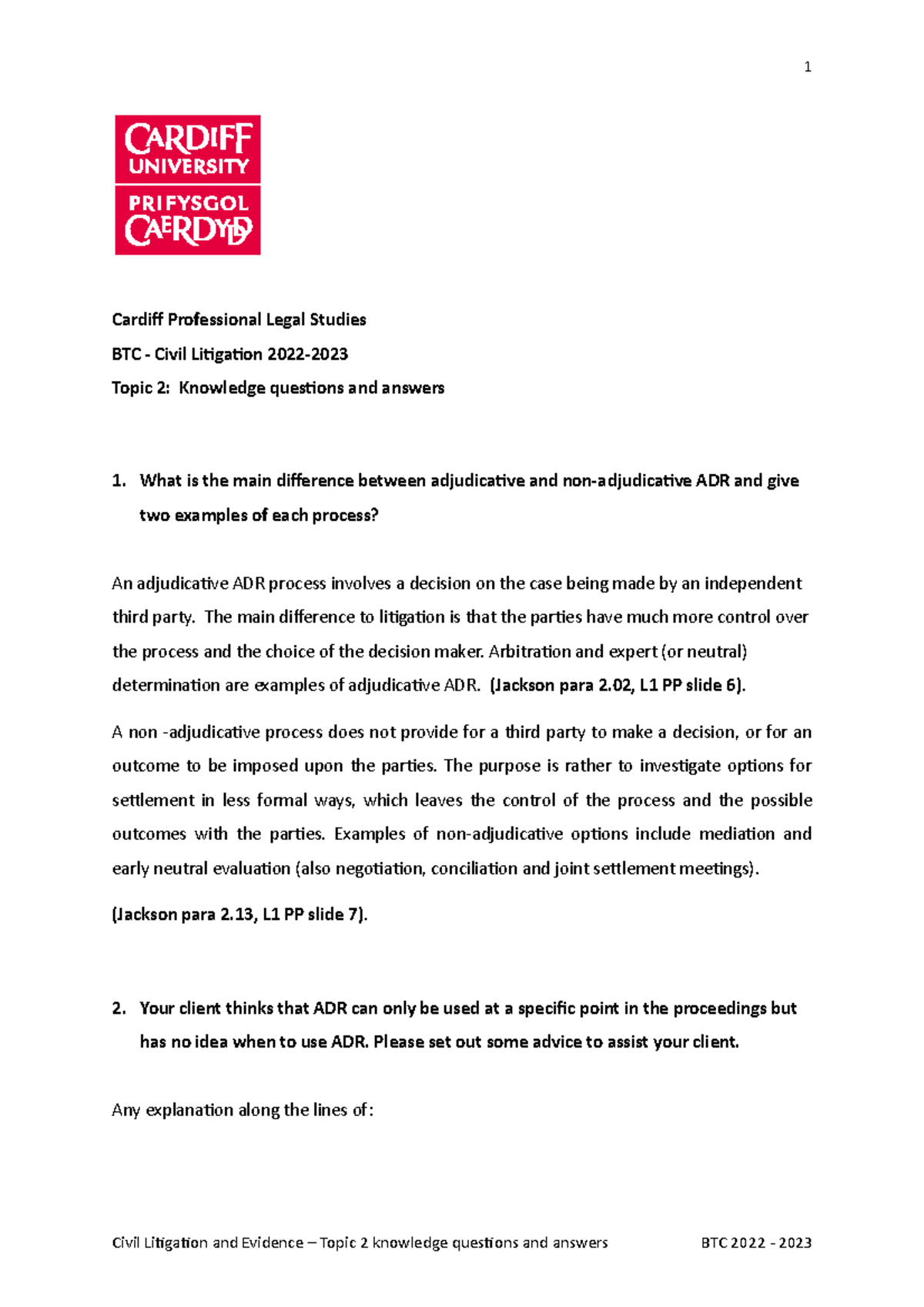 Topic 2 SG knowledge questions and answers 2022-2023 - Cardiff ...