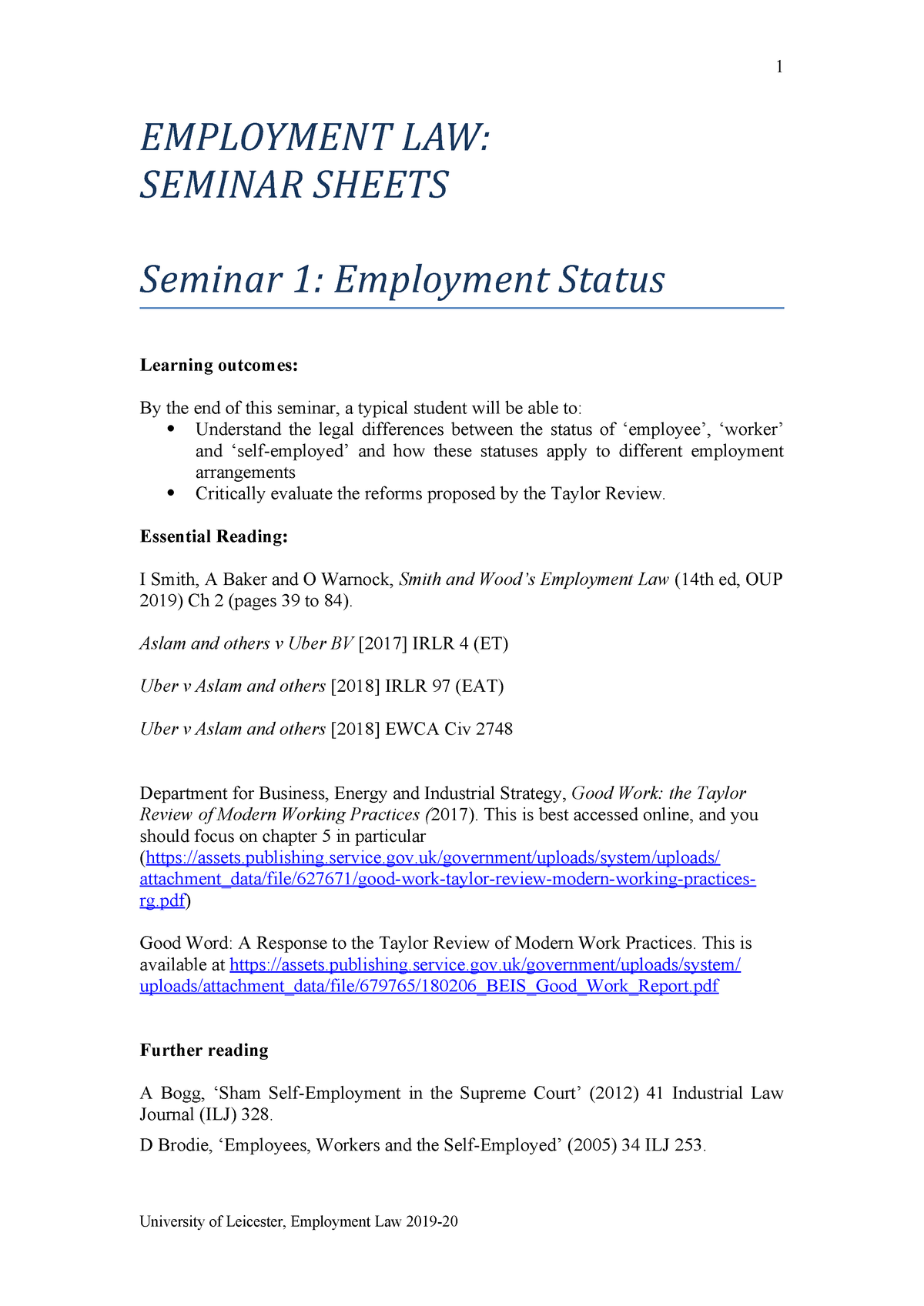 Seminar Sheets Employment Law Lw2230 Leicester Studocu