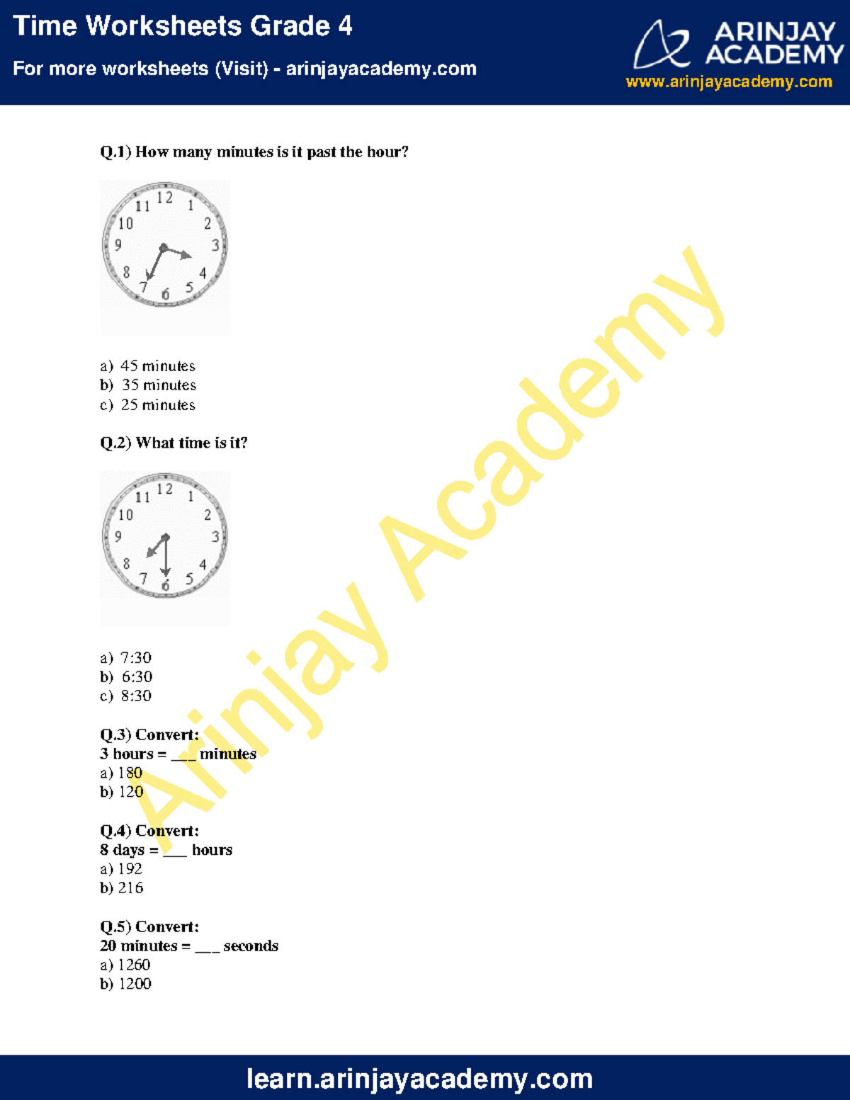 Time Worksheets Grade 4 For more worksheets (Visit) arinjayacademy
