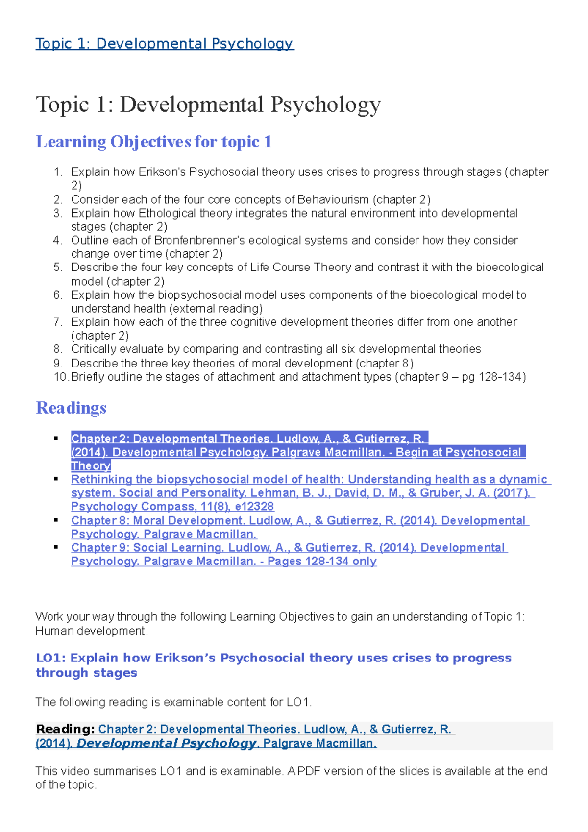 Topic 1 Learning Objective Notes - Topic 1: Developmental Psychology ...