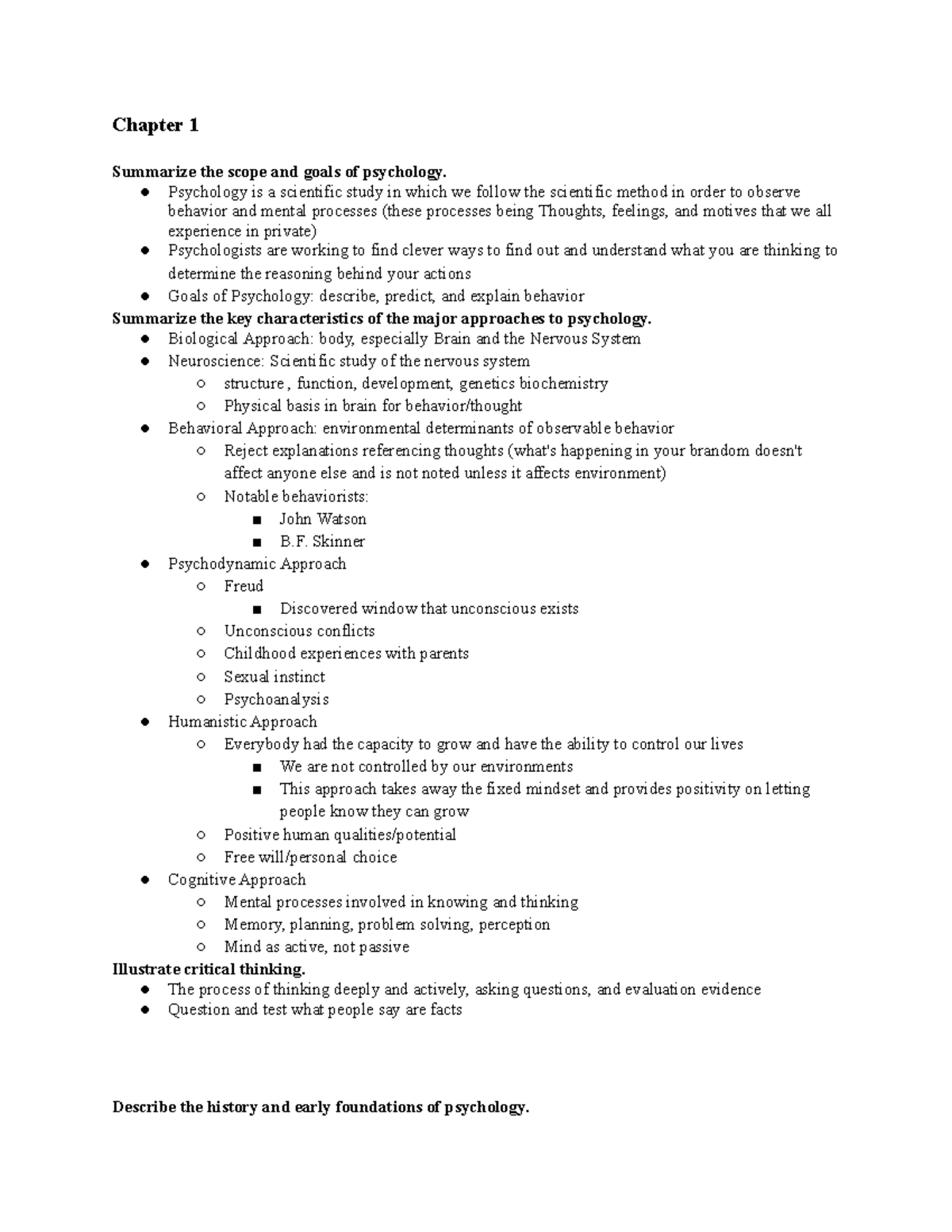 Psych exam 1 - Chapter 1 Summarize the scope and goals of psychology ...