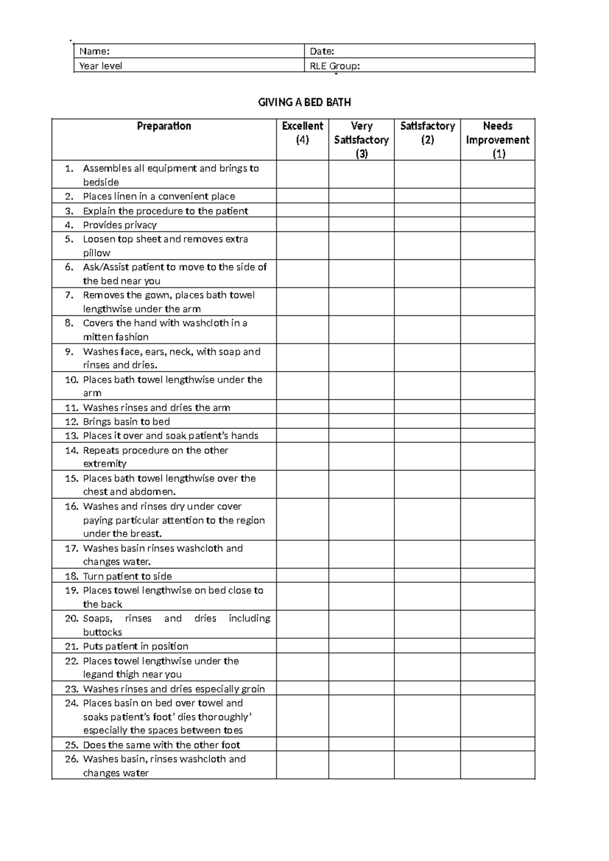 Giving bed Bath check list1 - Name: Date: Year level RLE Group: GIVING ...