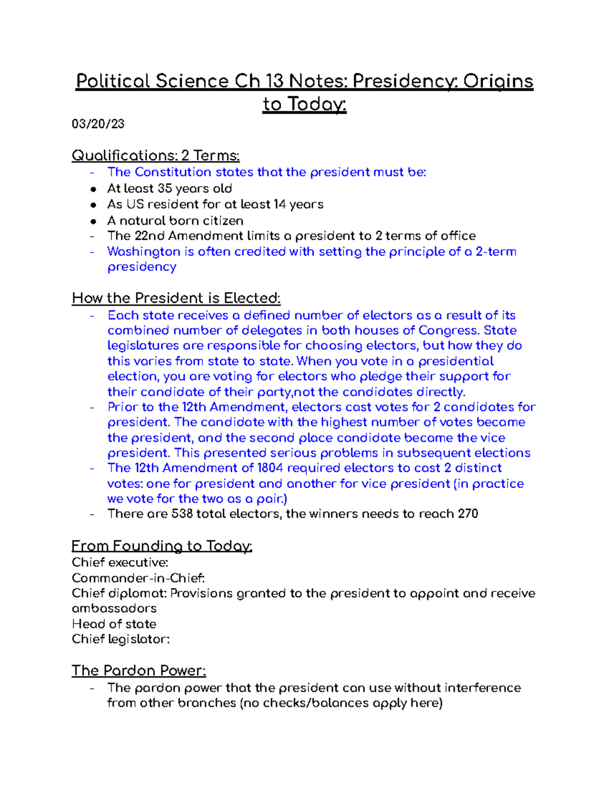 Political Science Ch 13 Notes Presidency Origins To Today - Political ...