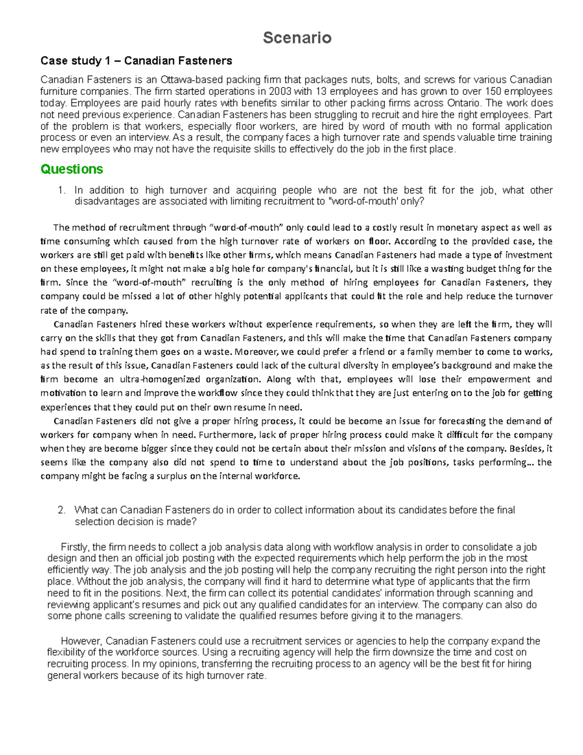 Scenario Scenario Case study 1 Canadian Fasteners Canadian