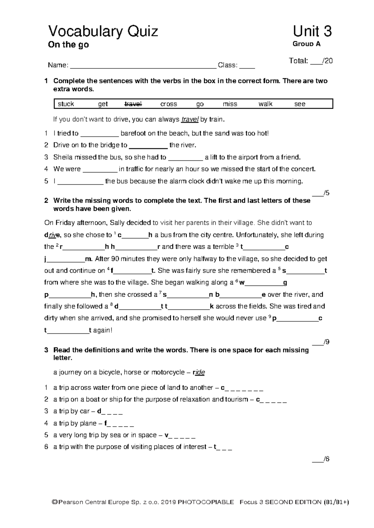 Focus 3 2E Vocabulary Quiz Unit3 Group A - Vocabulary Quiz Unit 3 On ...