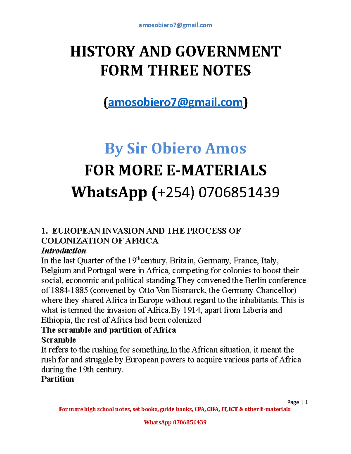 FORM Three History Notes - HISTORY AND GOVERNMENT FORM THREE NOTES ...