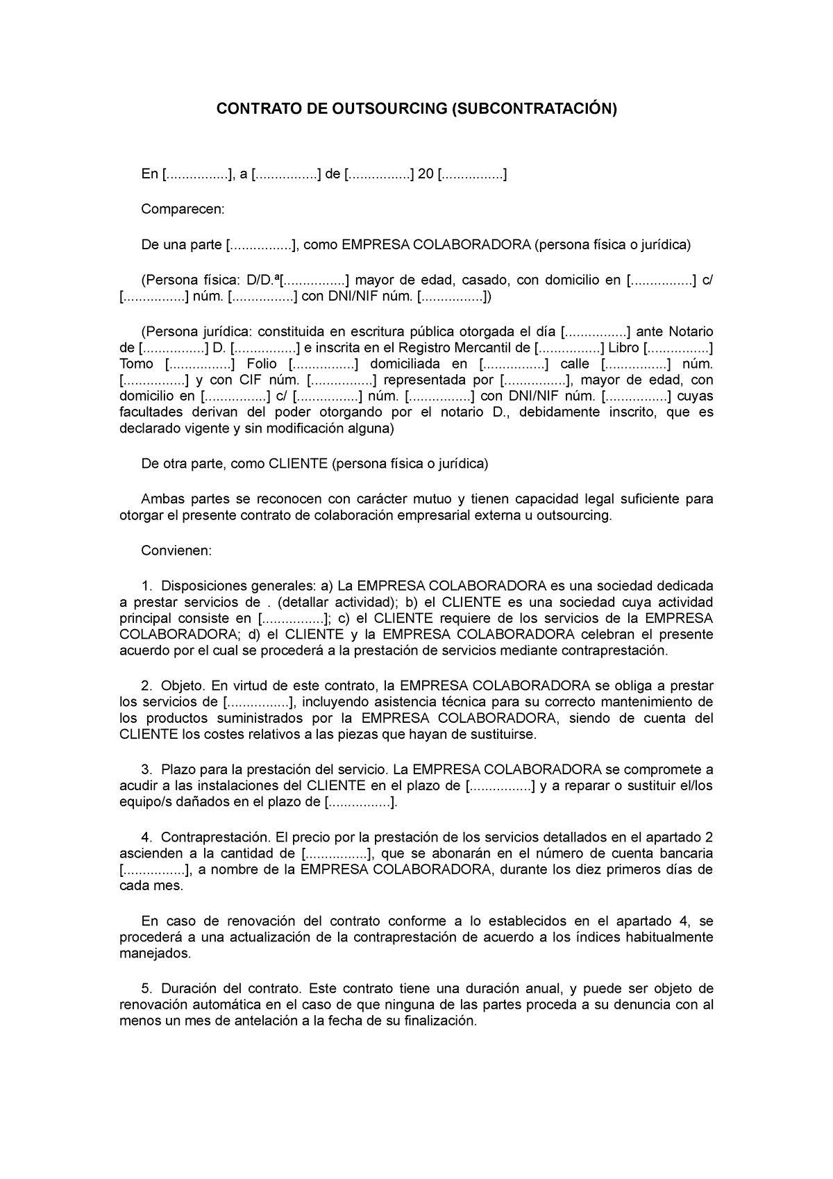 Contrato-de-Outsourcing para principiantes - CONTRATO DE OUTSOURCING ( SUBCONTRATACIÓN) En - Studocu