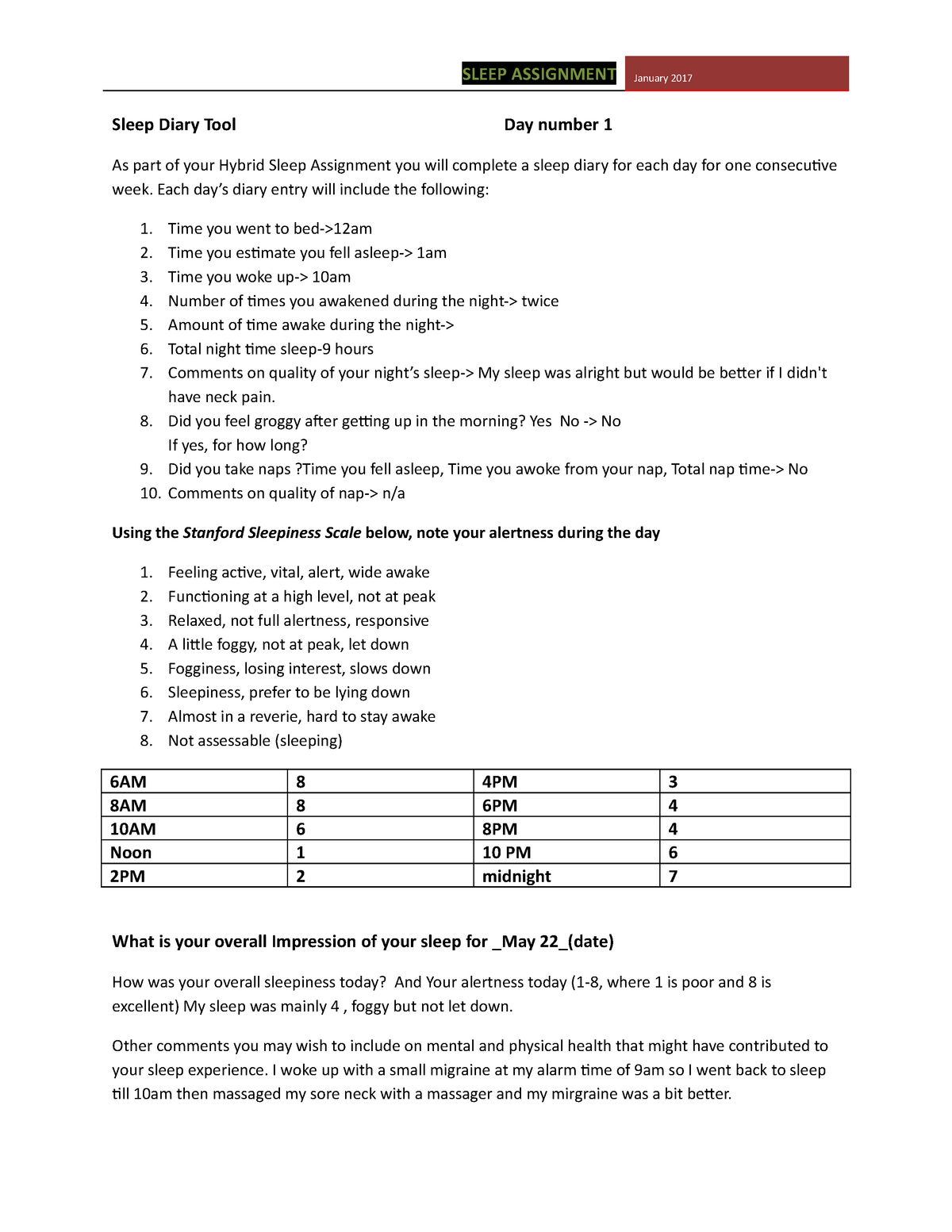 Sleep Diary assignent Sleep Diary Tool Day number 1 As part of