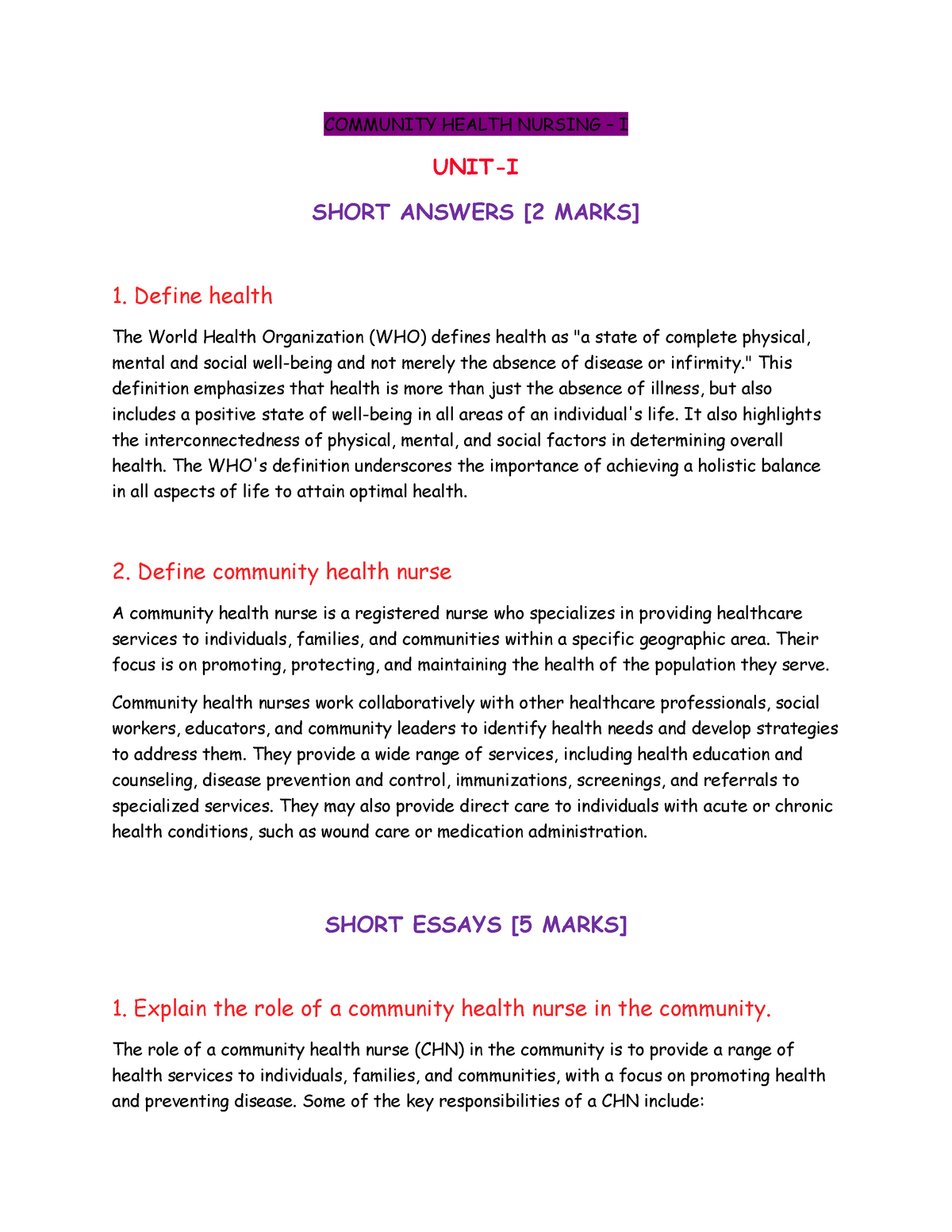 CHN1 sample - COMMUNITY HEALTH NURSING – I UNIT-I SHORT ANSWERS [2 ...