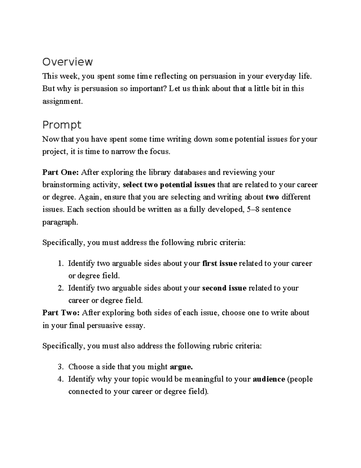 Assignment - help - Overview This week, you spent some time reflecting ...