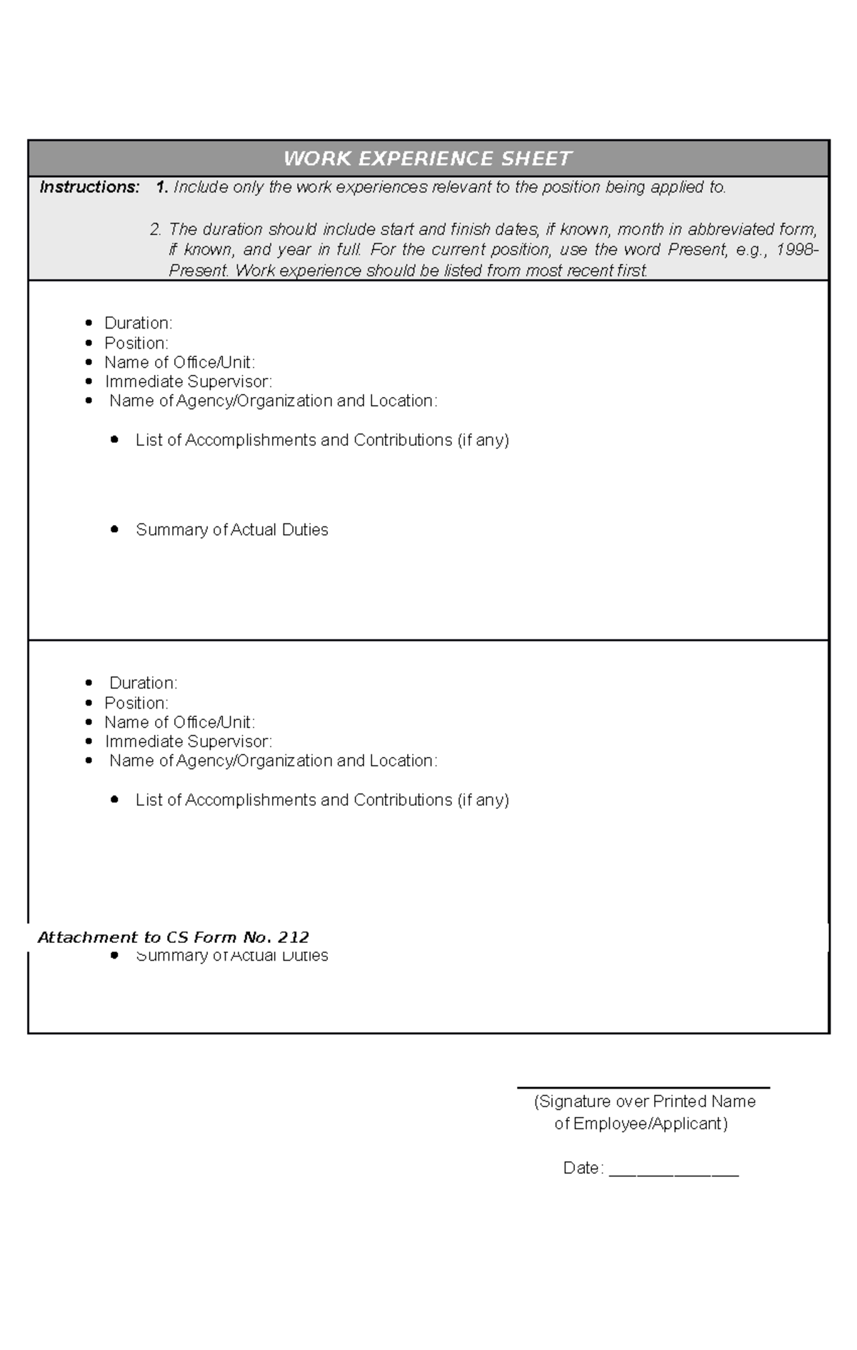 CS Form No 212 Work Experience Sheet - WORK EXPERIENCE SHEET ...