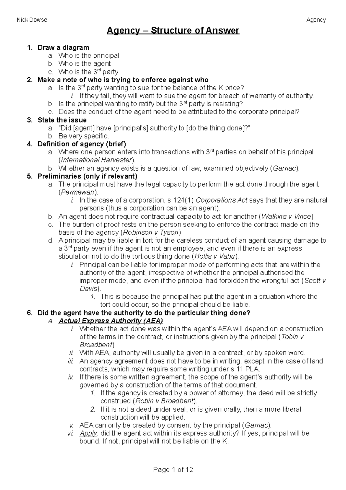 Agency - Nick Dowse Agency Agency – Structure of Answer 1. Draw a ...