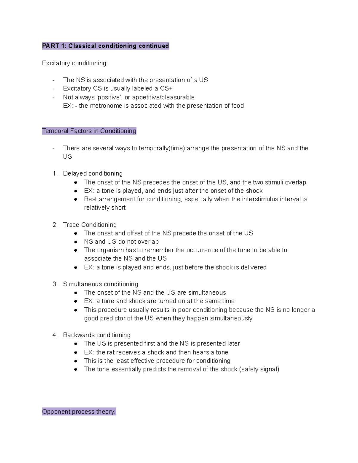 PSY3103 - Chapter 3/4 notes - PART 1: Classical conditioning continued ...