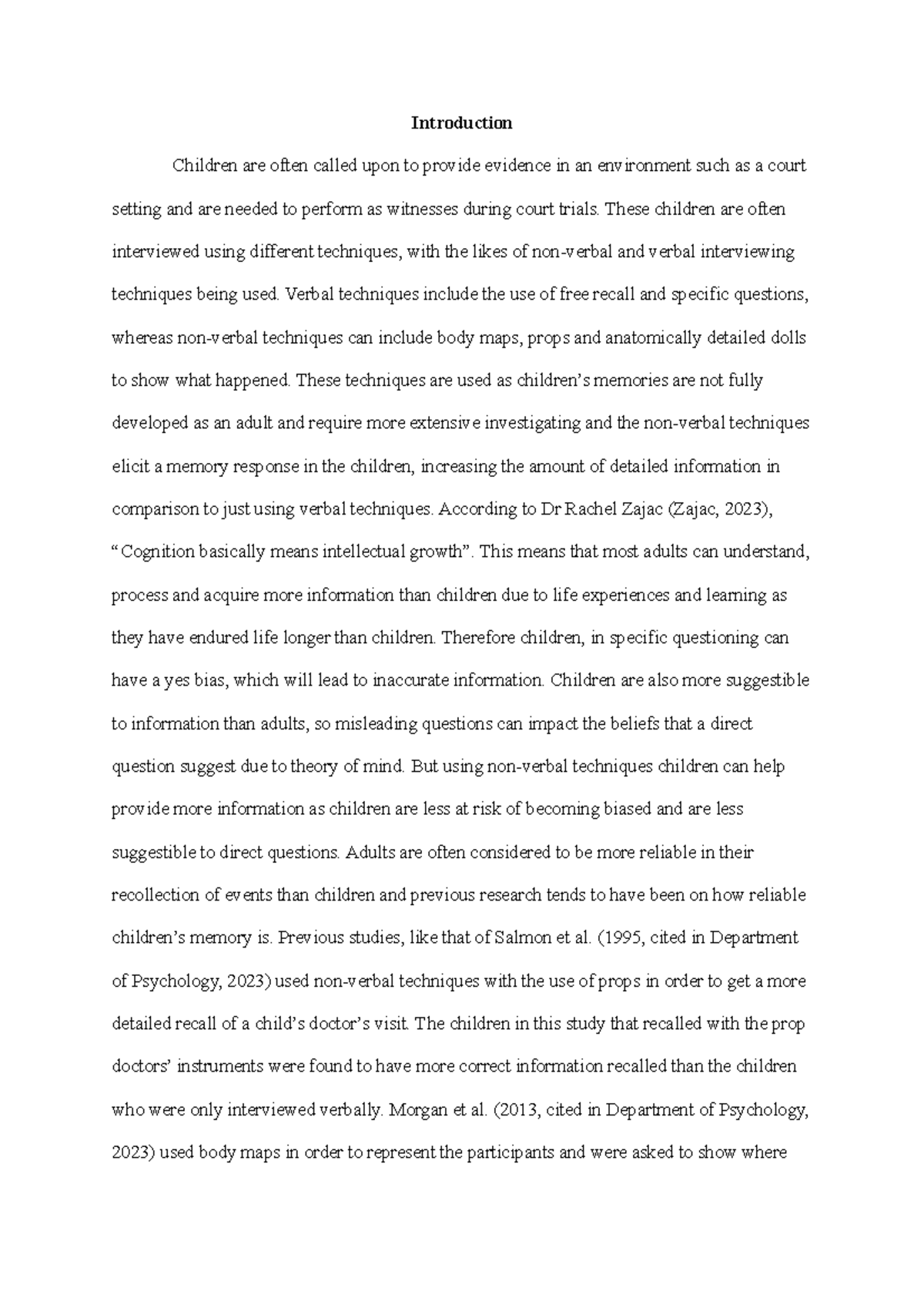 Psyc 112 Mini Lab Report - Introduction Children are often called upon ...